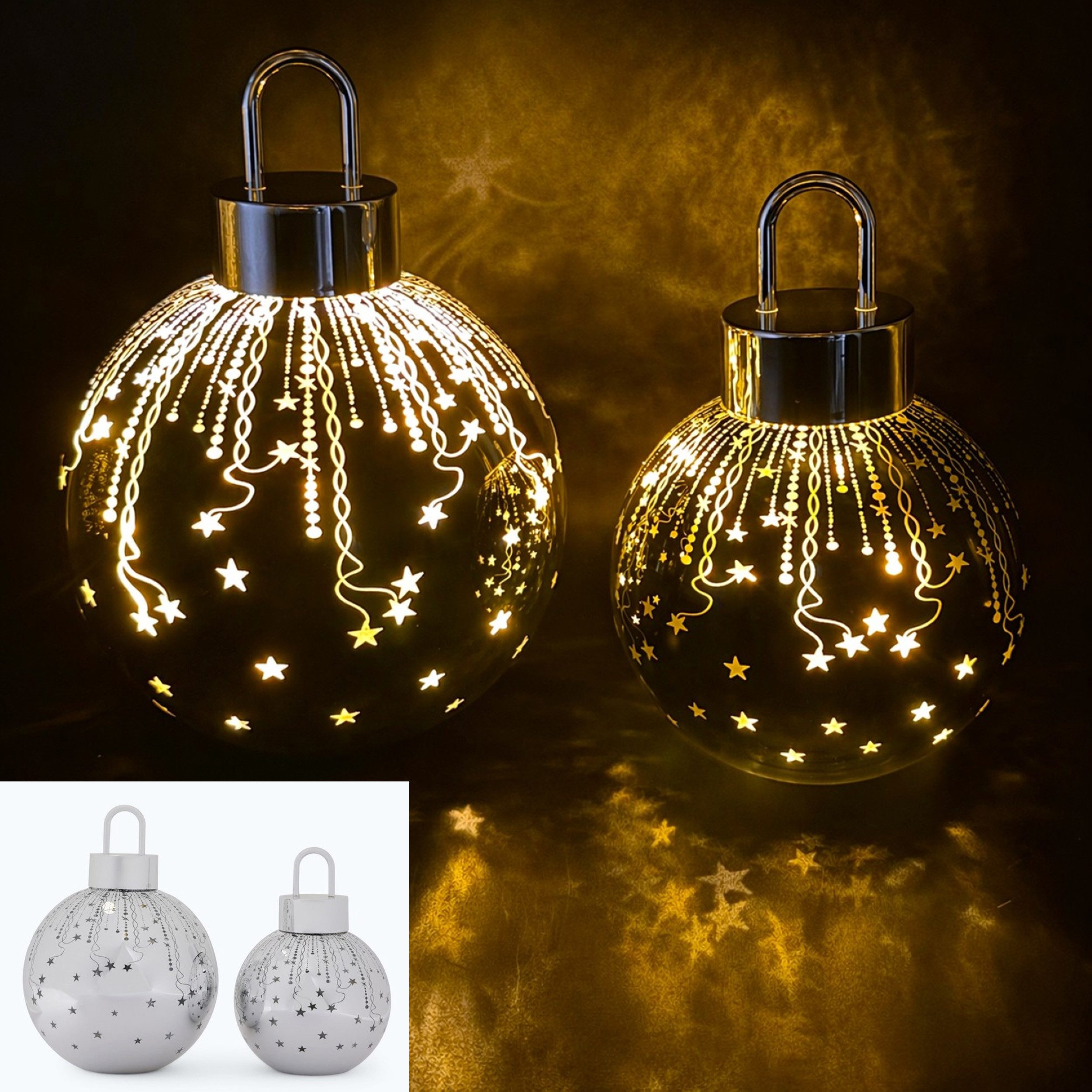 Online-Fuchs LED-Dekofigur 2 Weihnachtskugeln aus Glas mit LED-Lichterkette & Timer - Deko (ruhiges Leuchten oder Flackereffekt wählbar, Rot, Grün, Silber oder Champagner), Weihnachtsdeko für den Innenbereich