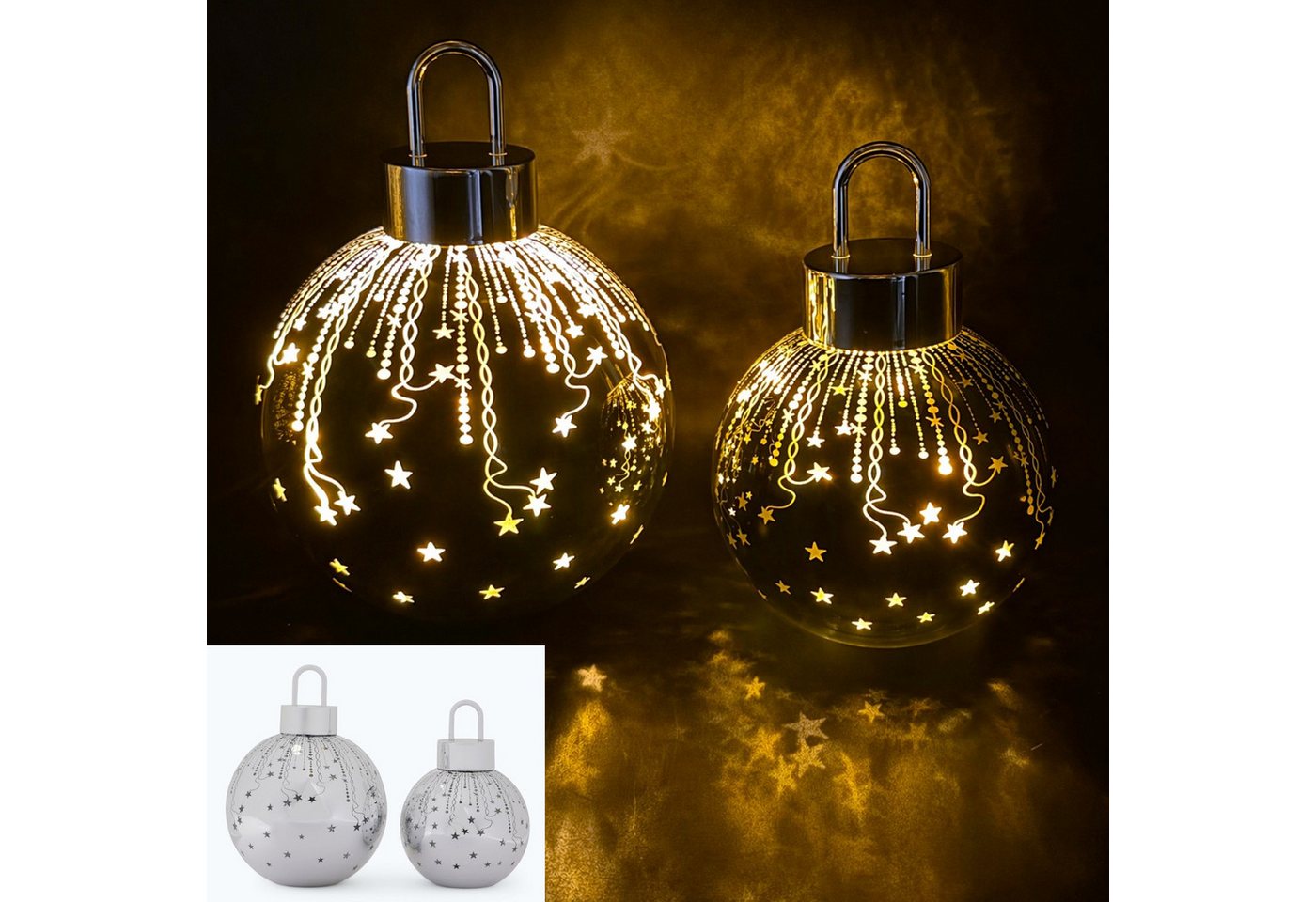 Online-Fuchs LED-Dekofigur 2 Weihnachtskugeln aus Glas mit LED-Lichterkette & Timer - Deko (ruhiges Leuchten oder Flackereffekt wählbar, Rot, Grün, Silber oder Champagner), Weihnachtsdeko für den Innenbereich