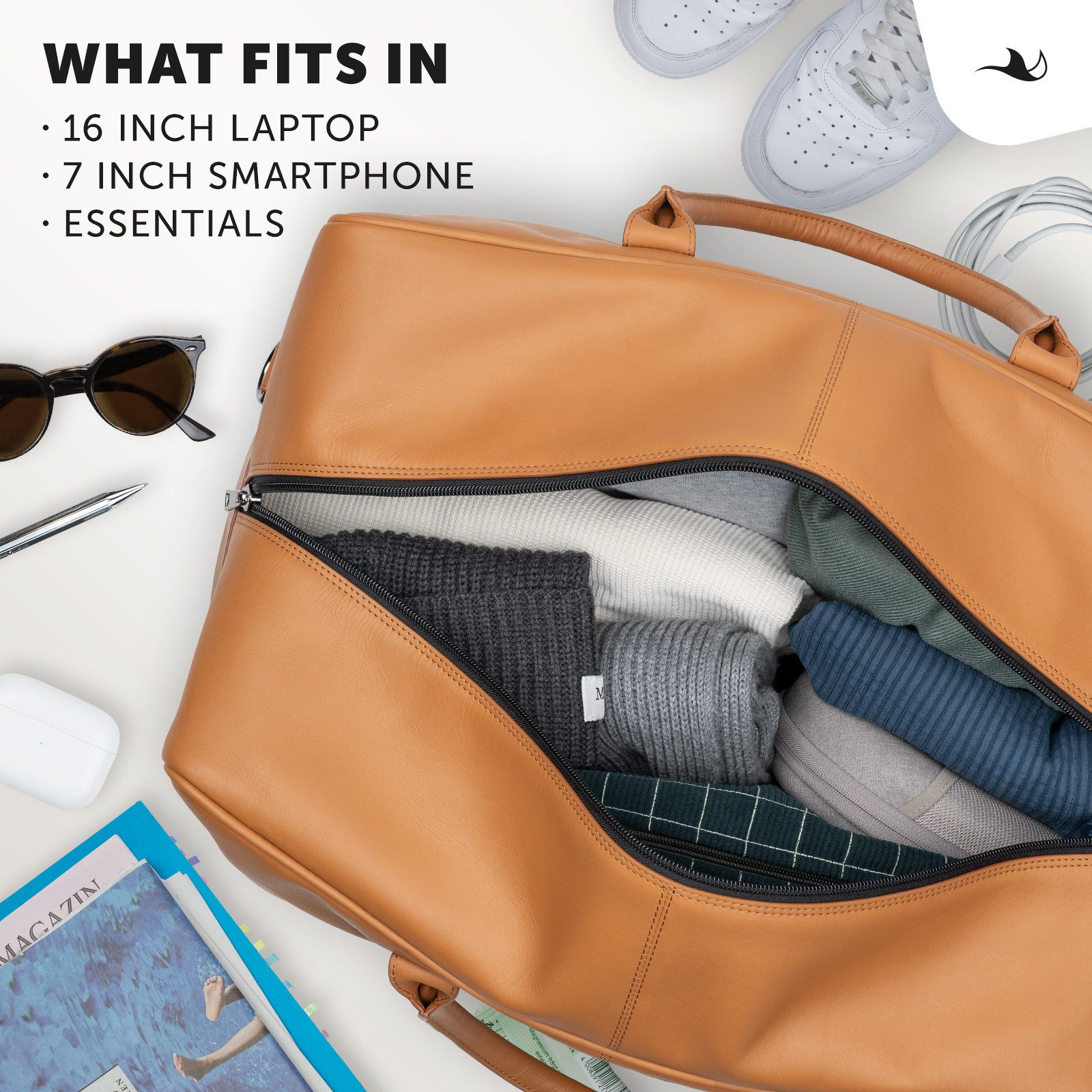 MANTA Weekender Echtleder Reisetasche, Duffle-Bag mit Schuhfach und 16-Zoll Laptopfach, Echtes Leder