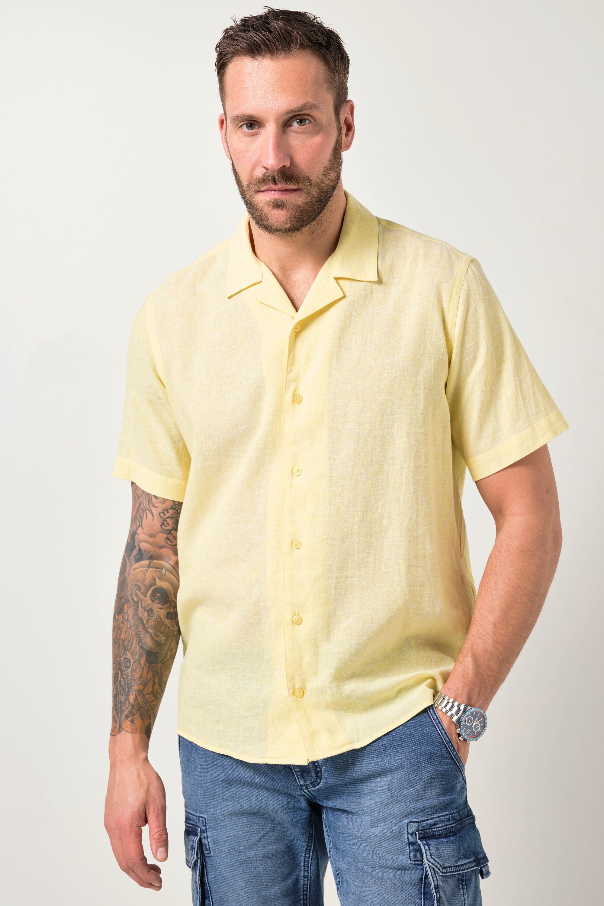 Kurzarmhemd Hemd Halbarm Leinenmix Kubakragen Modern Fit