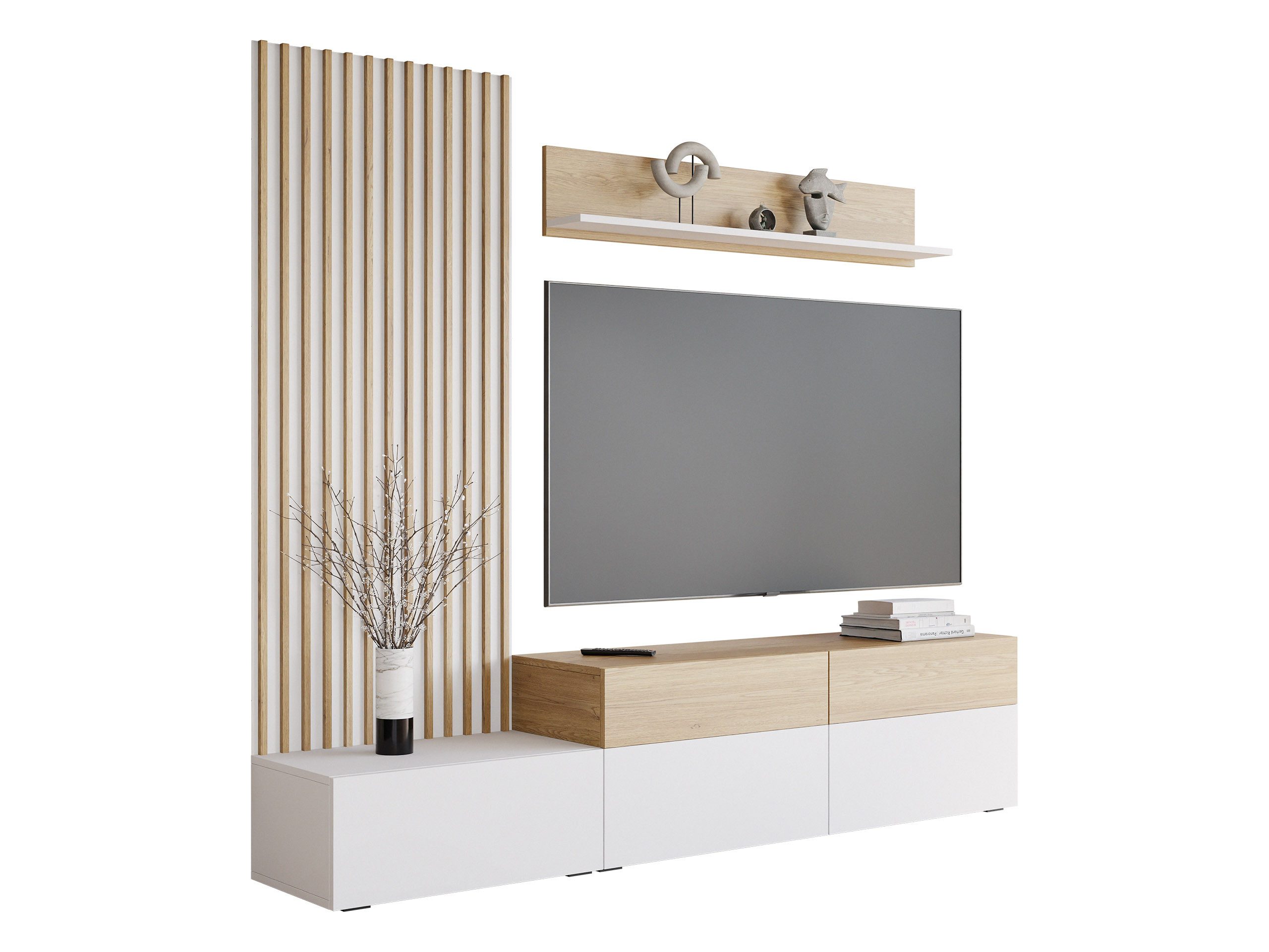 MIRJAN24 Wohnwand Narezi I, (TV-Lowboard, Wandboard, Wandpaneel), Schubladen und Klappen - Push to Open, 225x40x209 cm