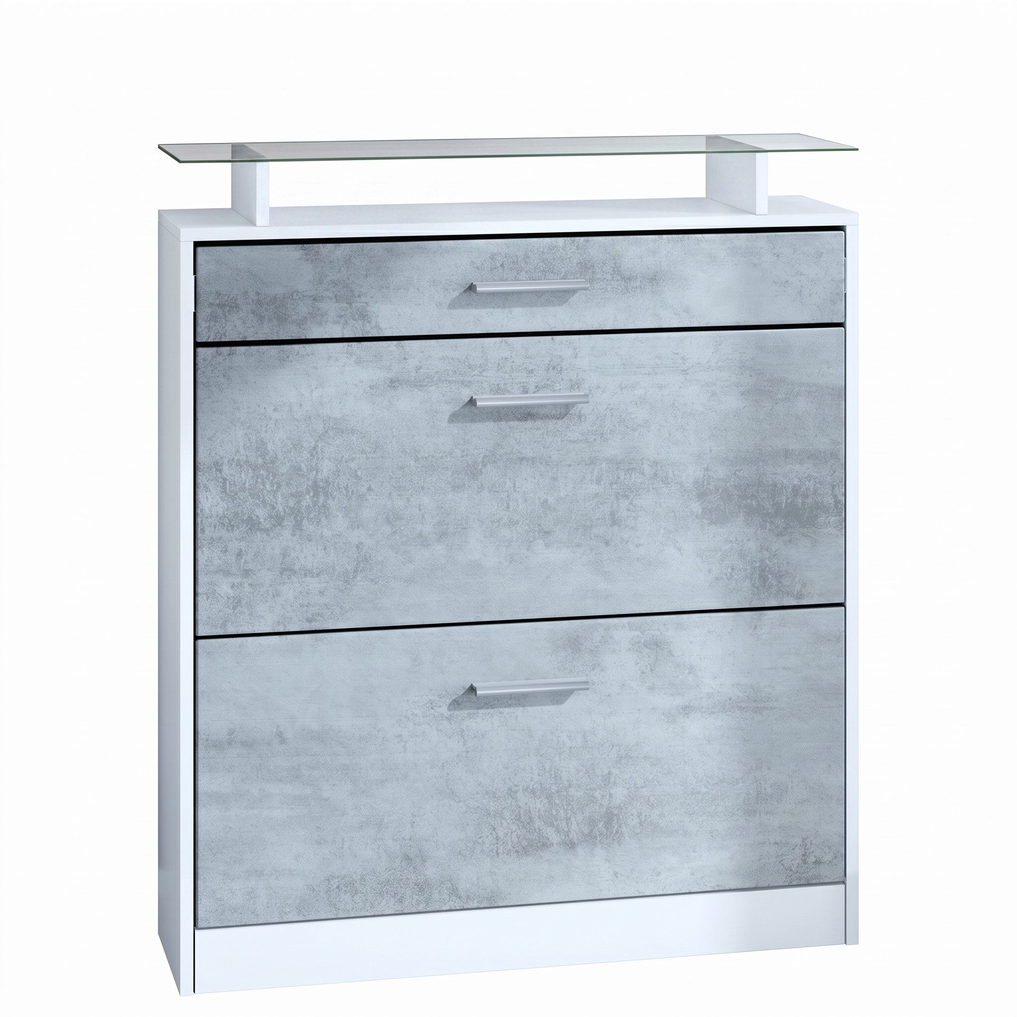 Vladon Schuhschrank Loret (Schuhkipper, für 16 Paar Schuhe mit 2 Klappen) Schublade und Glasablage