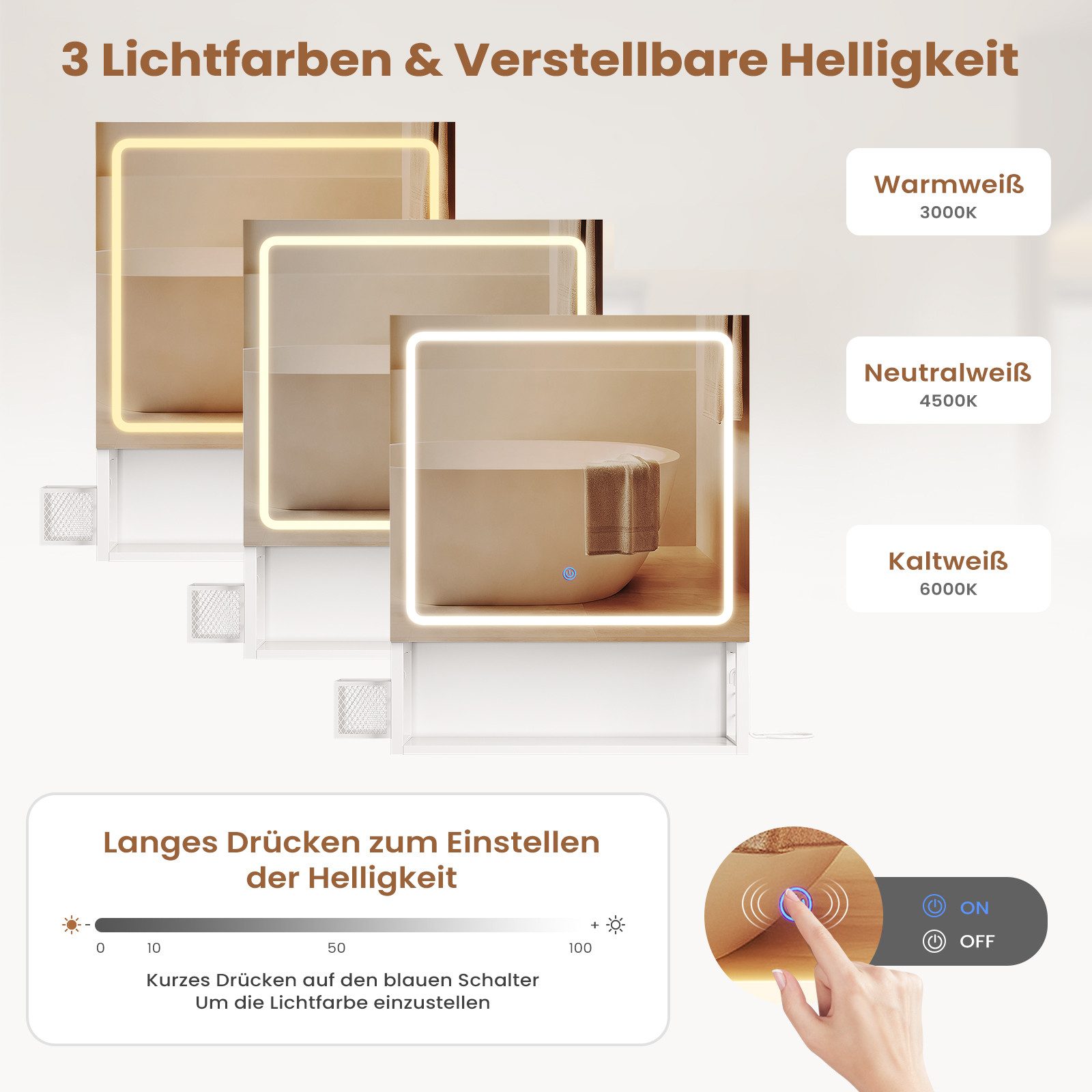MSMASK Badezimmerspiegelschrank mit LED-Beleuchtung & Steckdose, Wandmontiert mit Stauraum (1-St) Spiegelschrank 50x16x60cm – Bild 5 von 5