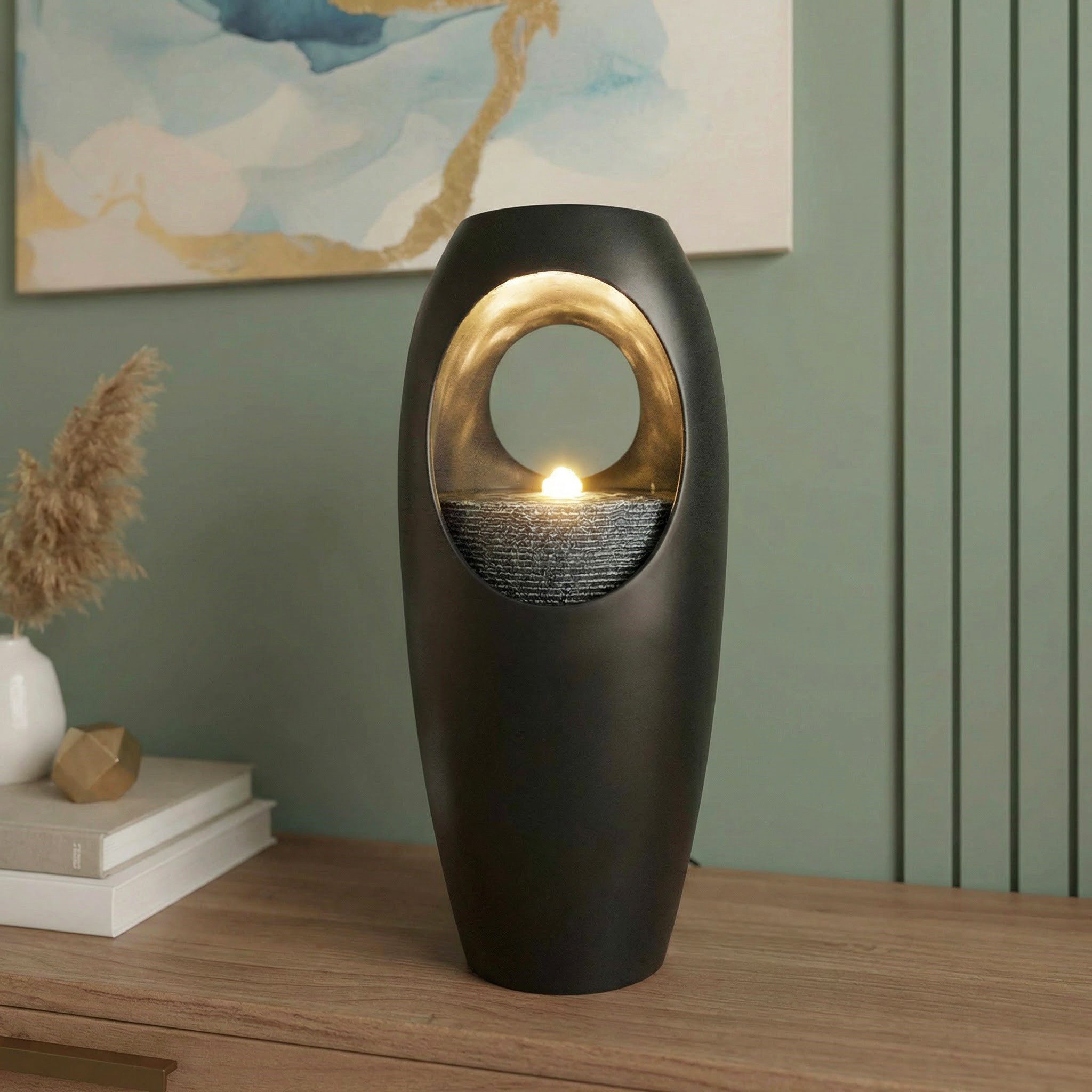 Arnusa Zimmerbrunnen Tischbrunnen mit Vase schwarz 40 cm warmweiße LED Beleuchtung, Dekoration Blumenvase Wohnzimmerdeko schwarz
