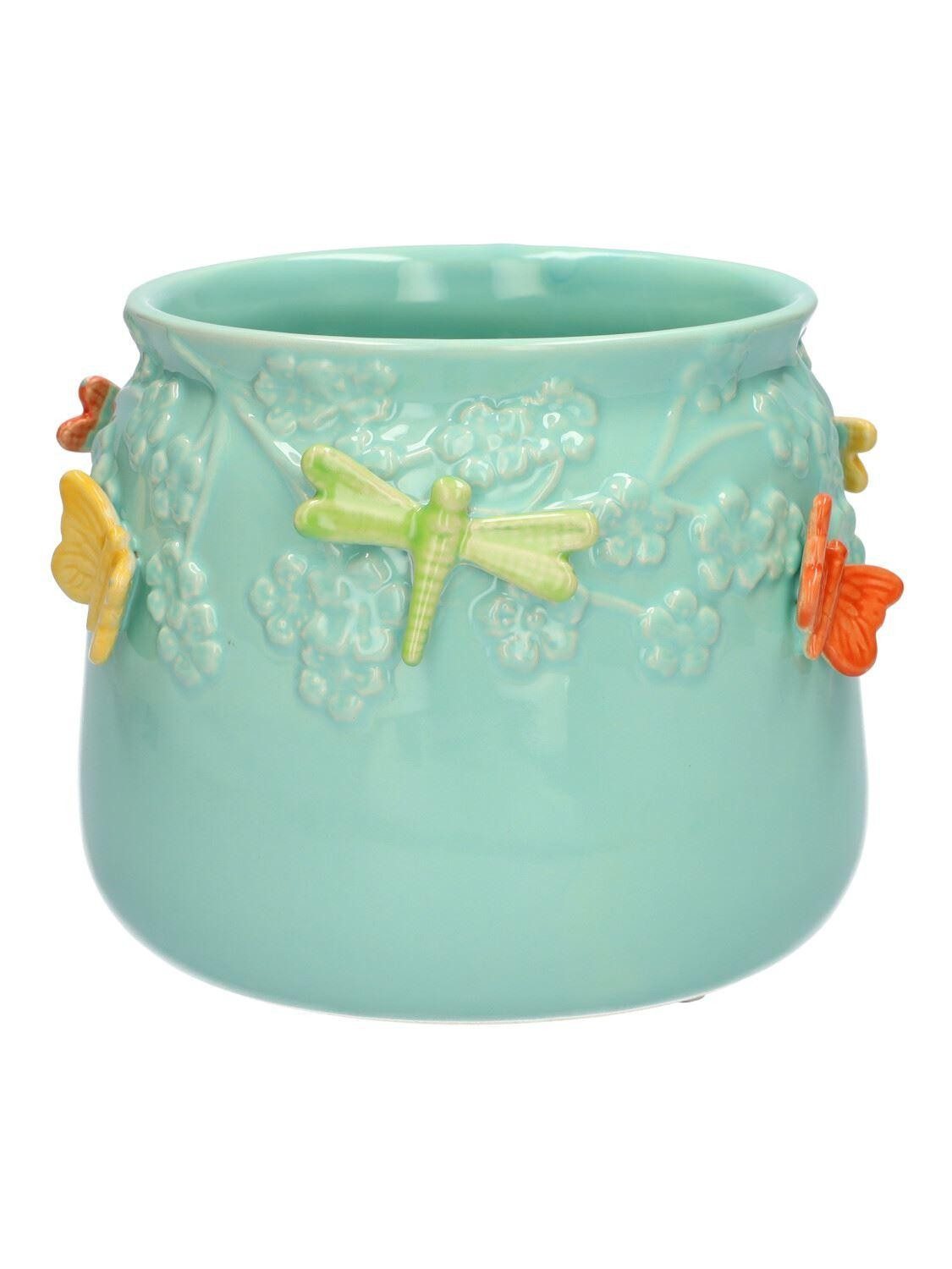 INNA-Glas Blumentopf KIMANA aus Keramik, 3D Schmetterlinge Libellen, blau-gelb-grü
