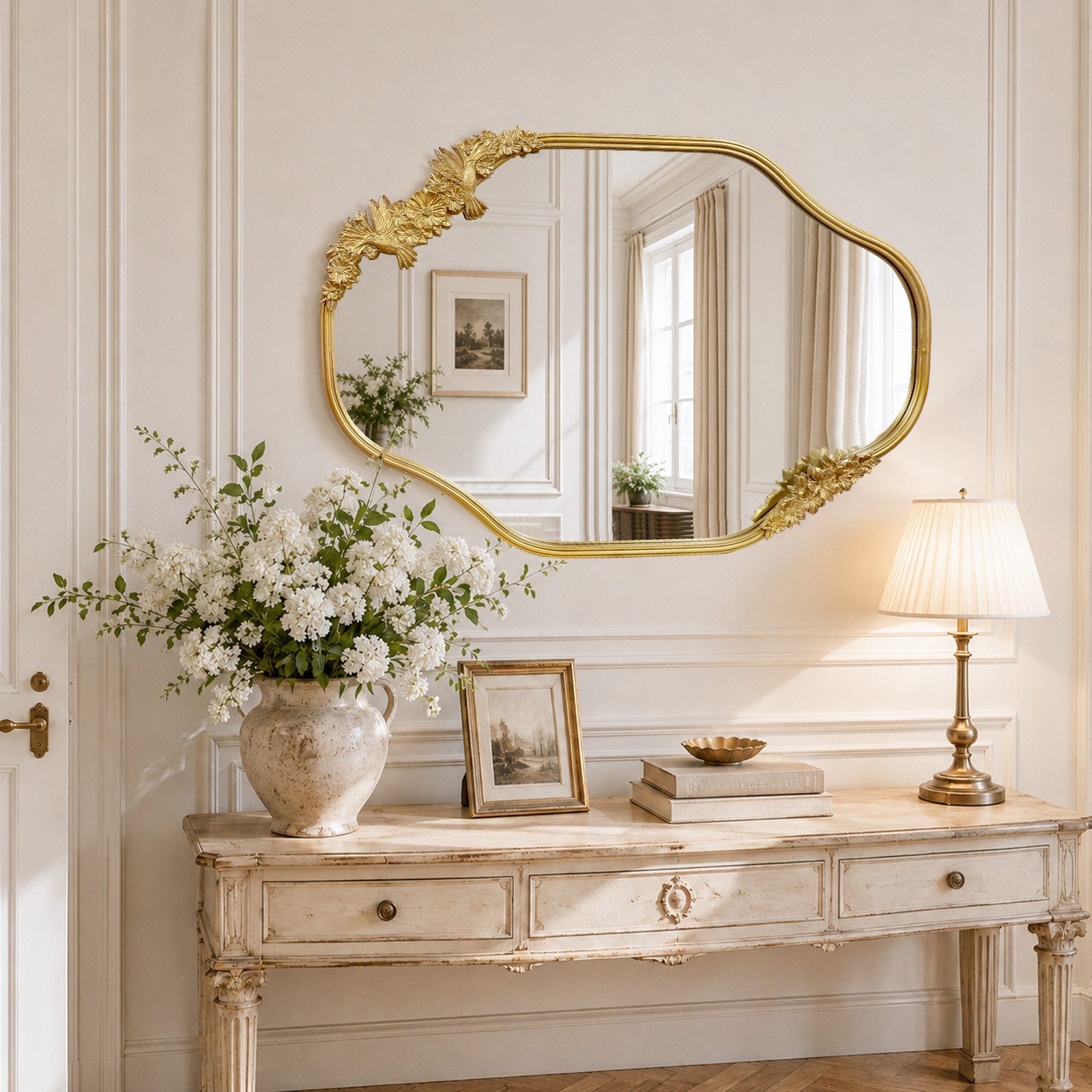 G-LEAF Wandspiegel Eleganter Hängespiegel, Dekospiegel mit Kolibri & Blumen Relief (1-St), für Wohnzimmer, Kamin, Flur und Schminktisch, Gold