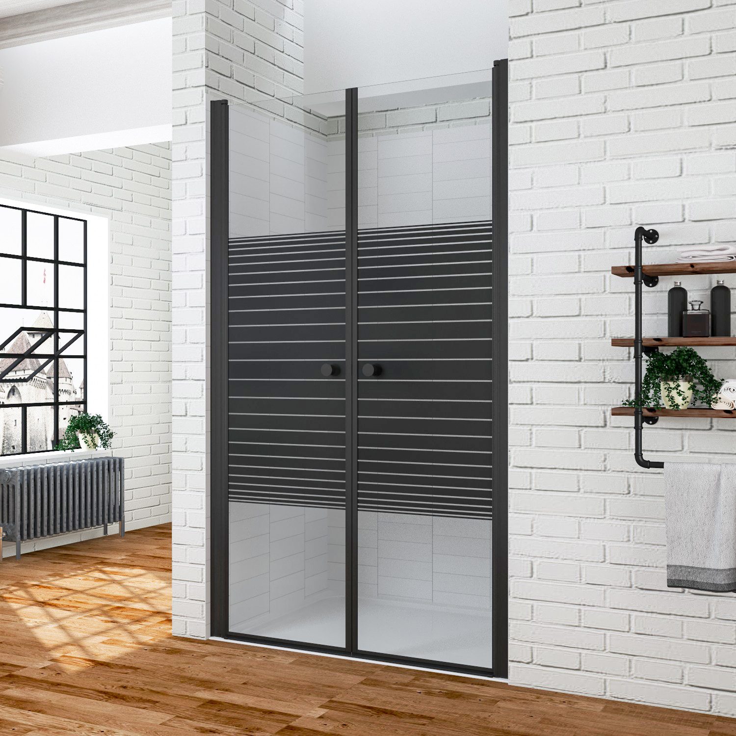 AQUALAVOS Dusch-Pendeltür Duschtür Nische Pendeltür Duschwand Schwingtür mit Dekor Querstreifen, 80x197 cm, 6 mm Nano Einscheiben-Sicherheitsglas, barrierefrei einbaubar, Türöffnung: Tür öffnet nach innen oder außen