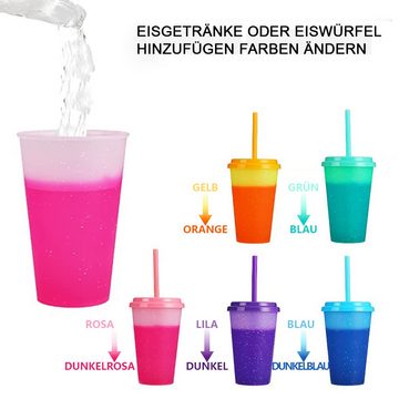Aoucheni Kinderbecher Farbwechsel Becher Trinkbecher mit Strohhalm & Deckel 5er Pack, Kunststoff, 700 ml
