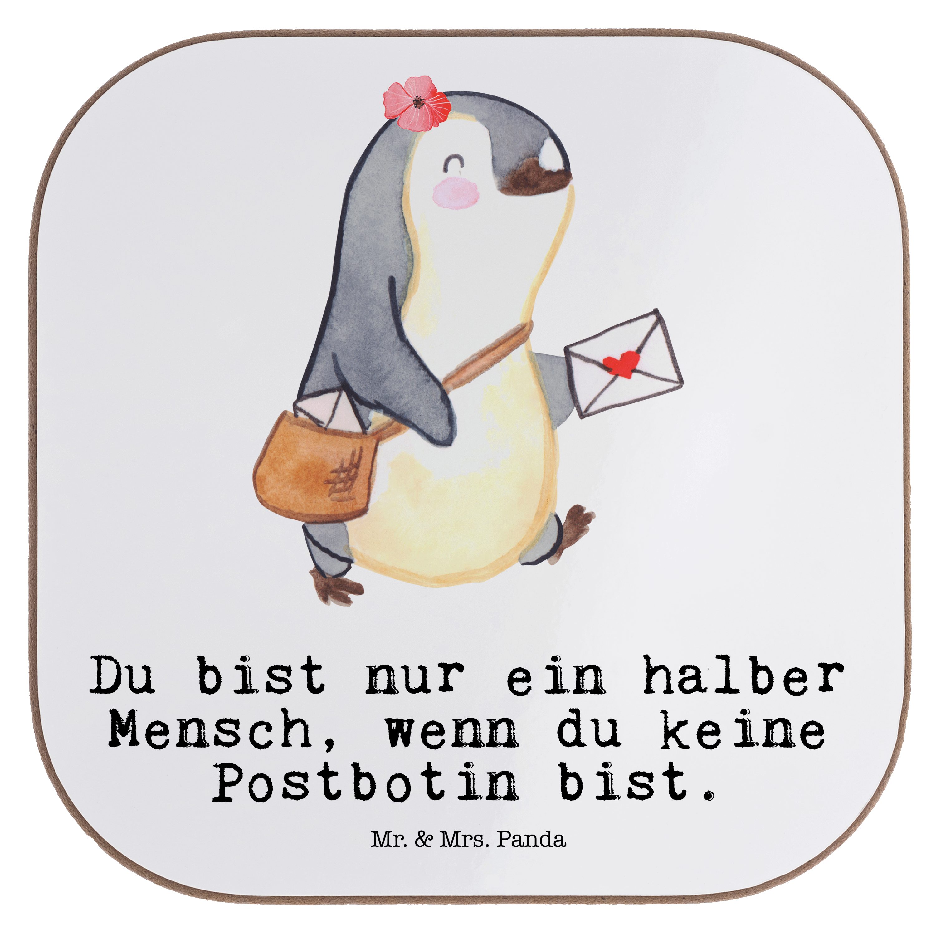 Mr. & Mrs. Panda Getränkeuntersetzer Postbotin mit Herz - Weiß - Geschenk, Bierdeckel, Firma, Briefzustell, 1-tlg.