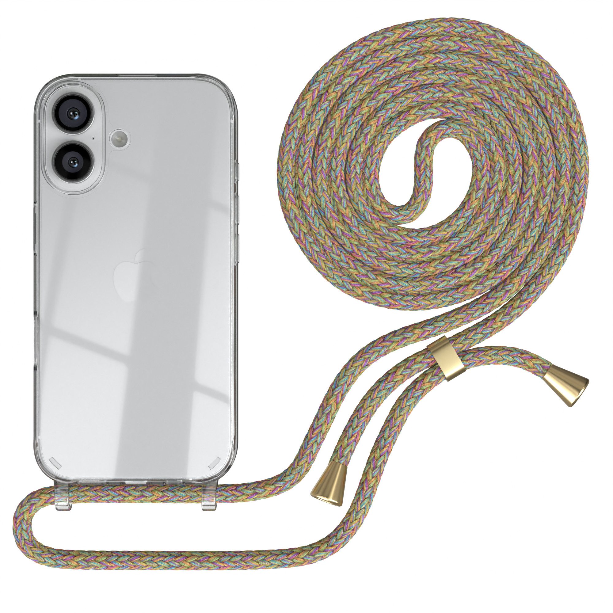 EAZY CASE Handykette Hülle mit Kette für Apple iPhone 16 6,1 Zoll, Ketten Hülle Schultergurt Schutz Hülle Tasche mit Band Bunt Clip Gold