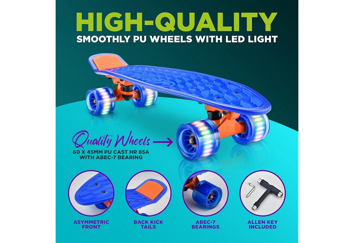 Thumbnail - Pyle Skateboard Hurtle, Mini Cruiser Skateboard für Kinder & Erwachsene, für Mädchen & Junge, Penny Board mit LED Rollen...