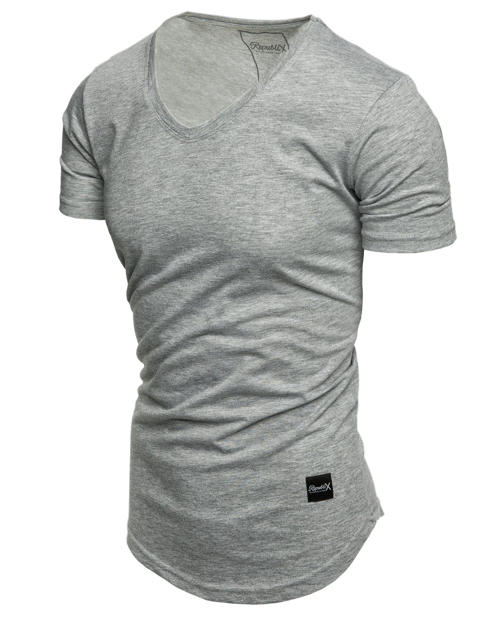 REPUBLIX T-Shirt BRANDON Herren Oversize Shirt Grau Melange V-Ausschnitt Basic mit