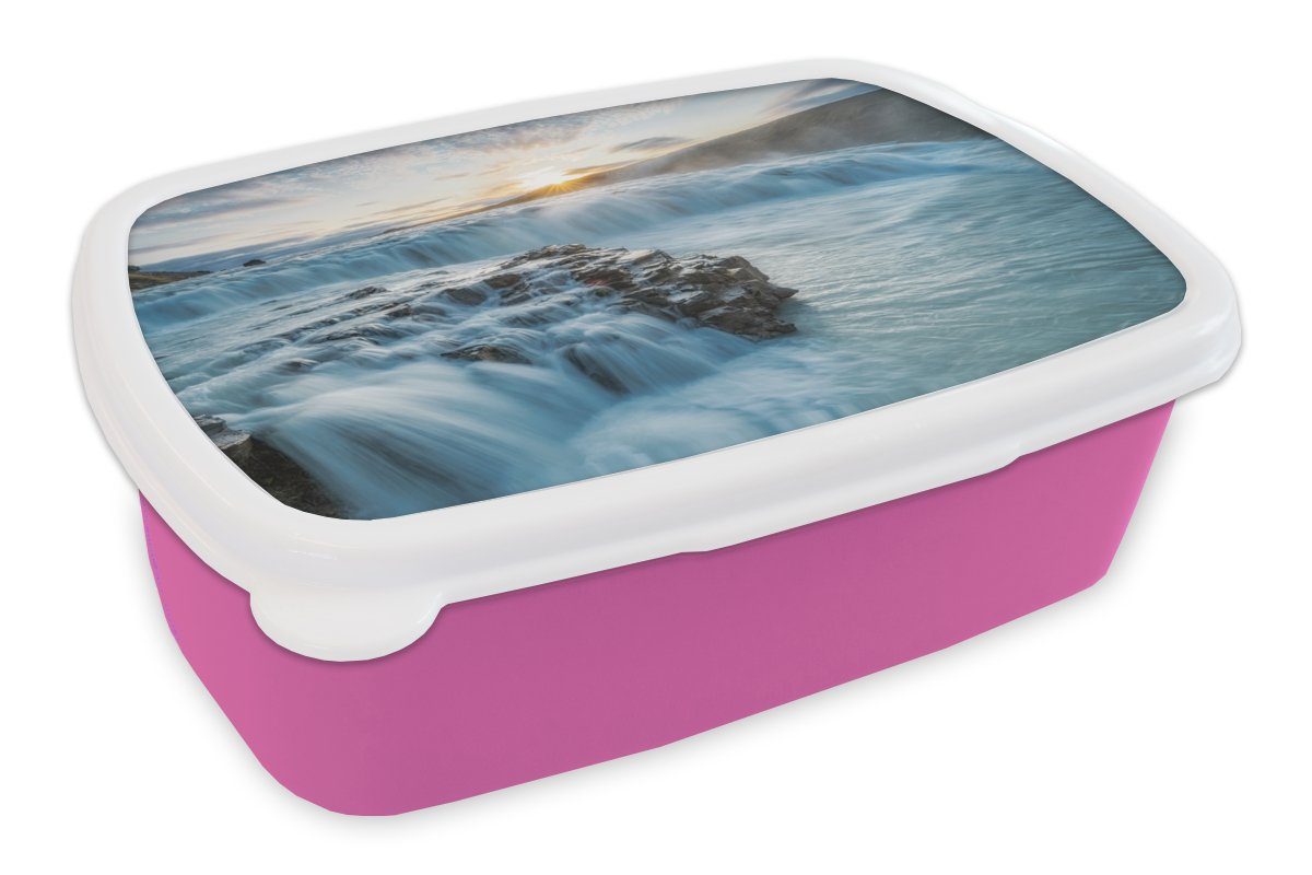MuchoWow Lunchbox Wasserfall - Wasser - Steine - Sonne - Natur, Kunststoff, (2-tlg), Brotbox für Erwachsene, Brotdose Kinder, Snackbox, Mädchen, Kunststoff rosa