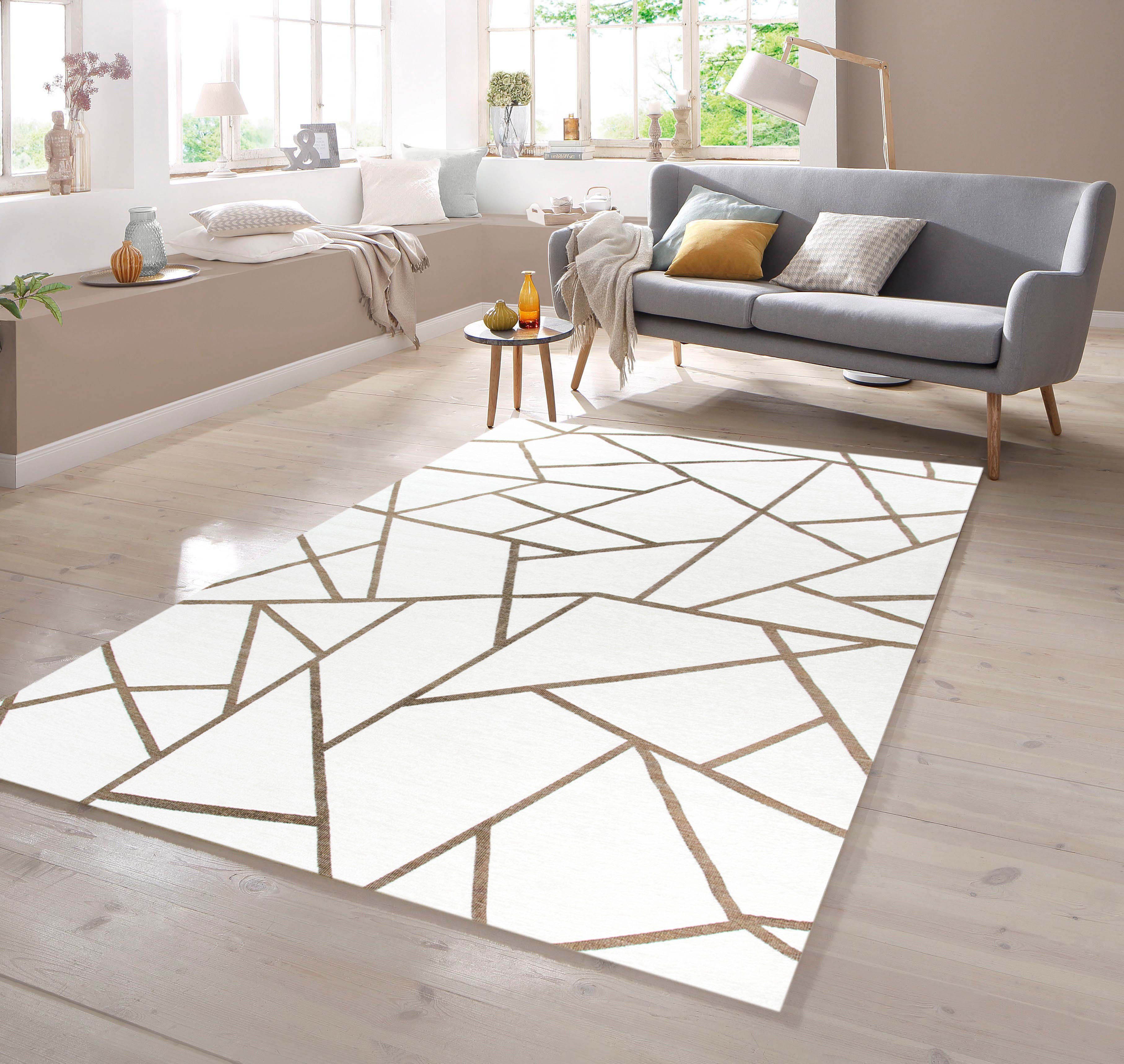 TeppichHome24 Teppich Wohnzimmer Teppich in Creme Gold, rechteckig, Höhe: 9 mm