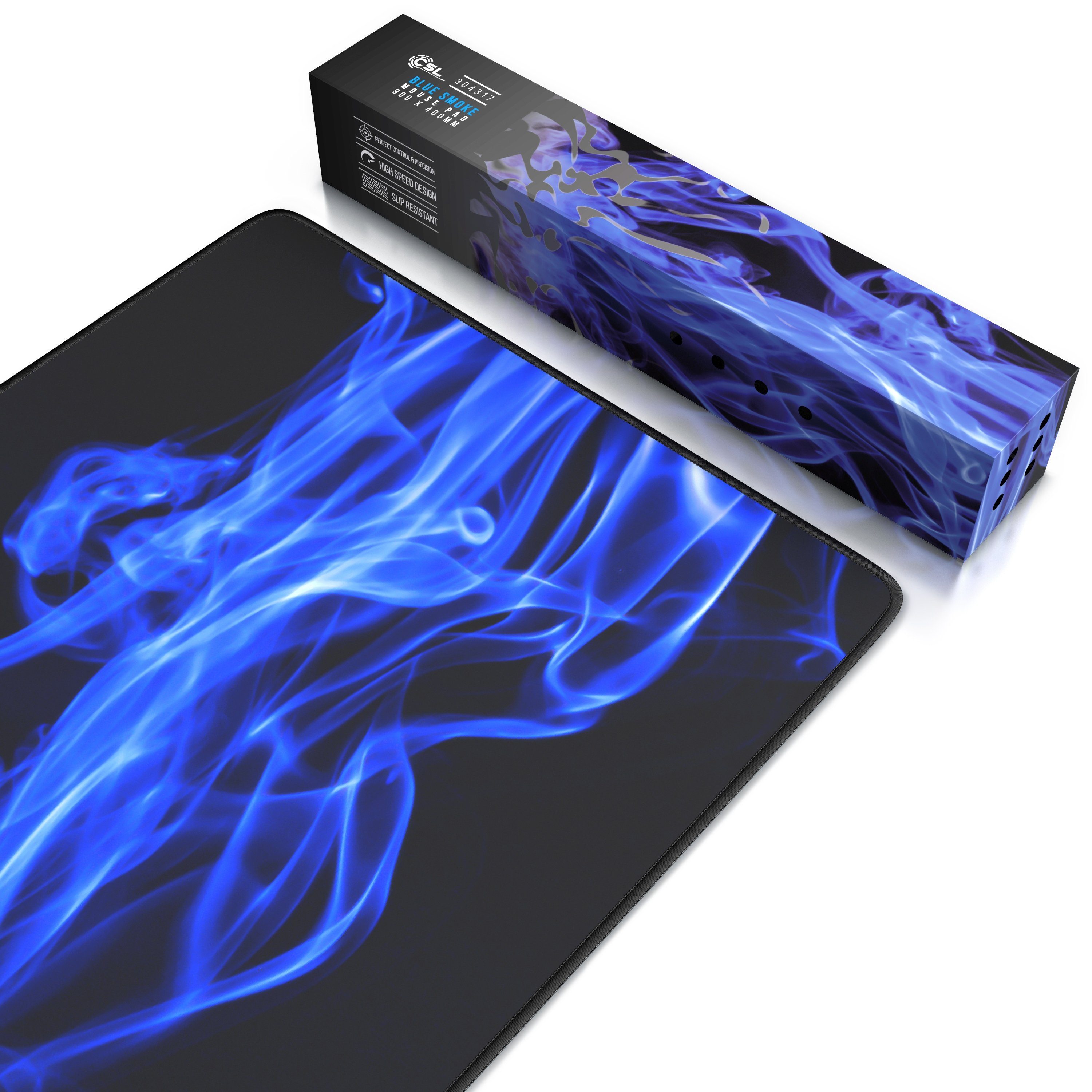 CSL Gaming Mauspad XXL Speed Mousepad 900 x 400 x 3 mm, große Tischunterlage, rutschfest, abwaschbar, Geschwindigkeit & Präzision, Blauer Rauch