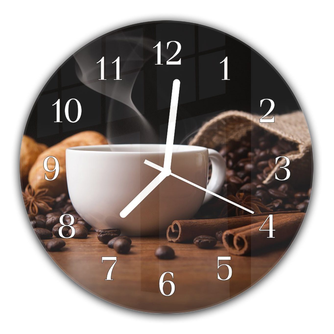 Primedeco Wanduhr Wanduhr aus Glas mit Motiv Kaffee mit Kaffeebohnen - Rund mit Durchmesser 30 cm und Quarzuhrwerk