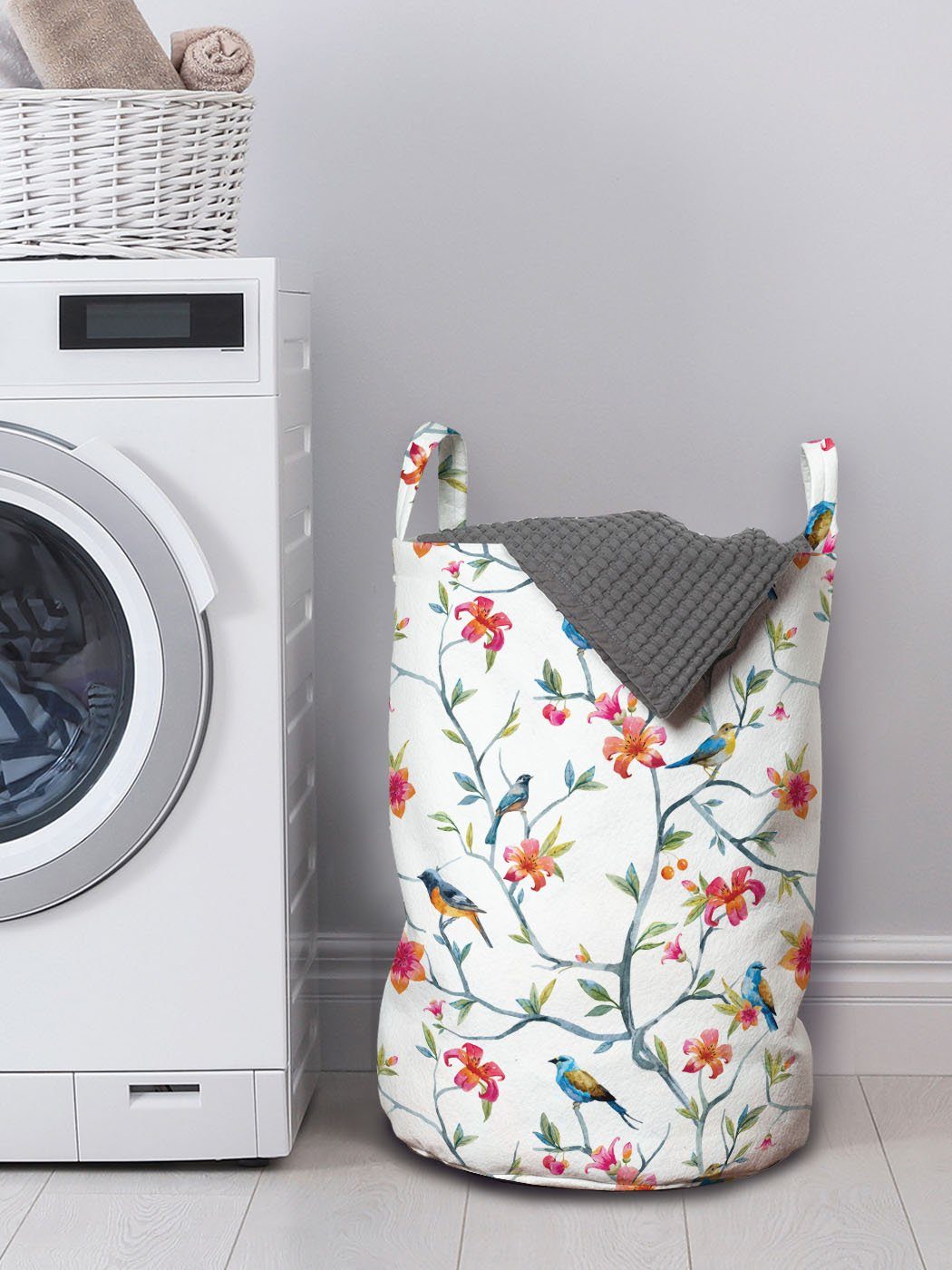 Wäschekorb Wäschesäckchen Abakuhaus für mit Aquarell Kordelzugverschluss Vögel Waschsalons, Zweigen Griffen auf