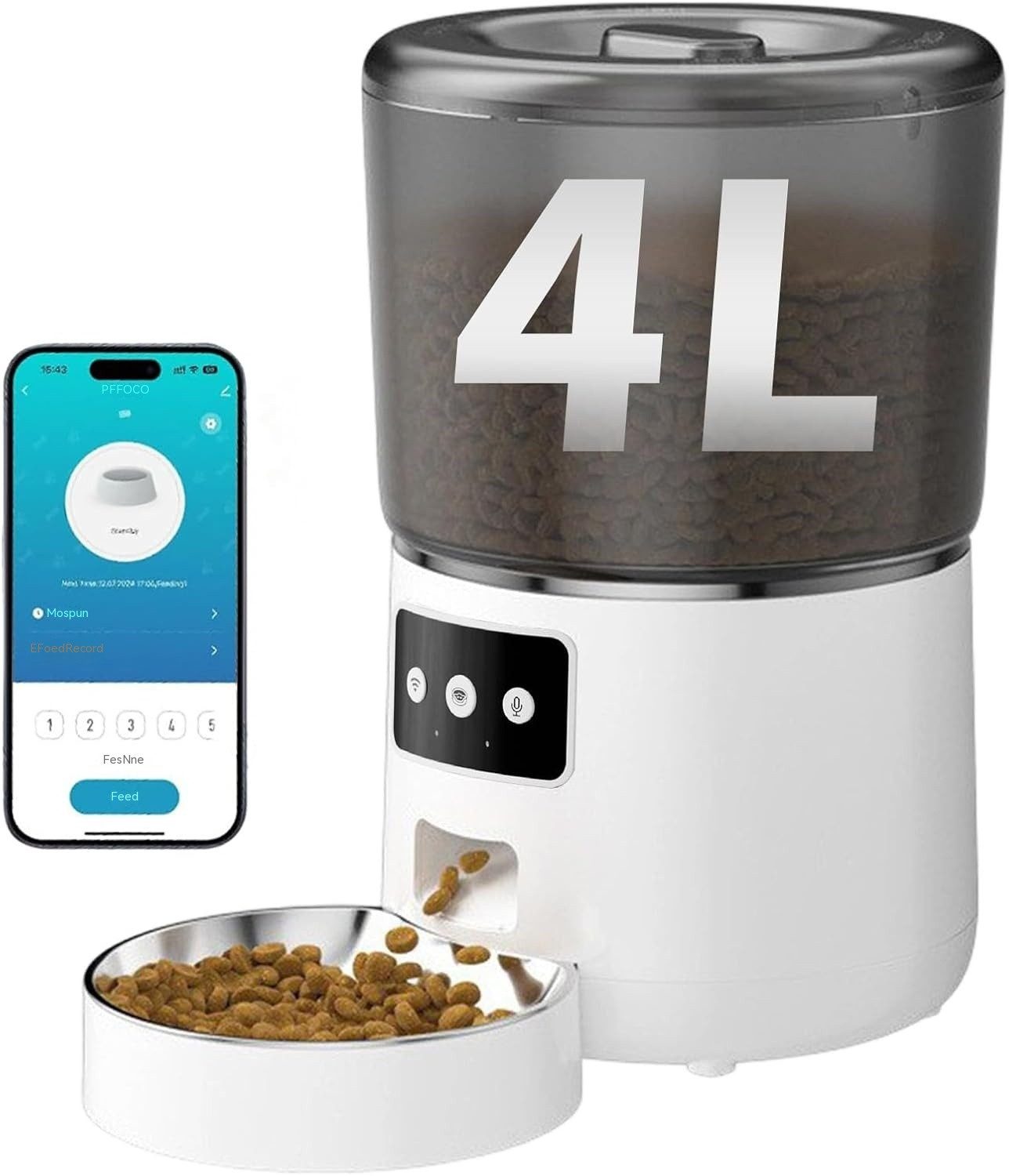 Topcony Futterautomat 4L Intelligenter Katzenfutter Automat 2.4G WiFi Futterspender Katze, Dual-Stromversorgung, für Kleine/Mittlere Haustiere