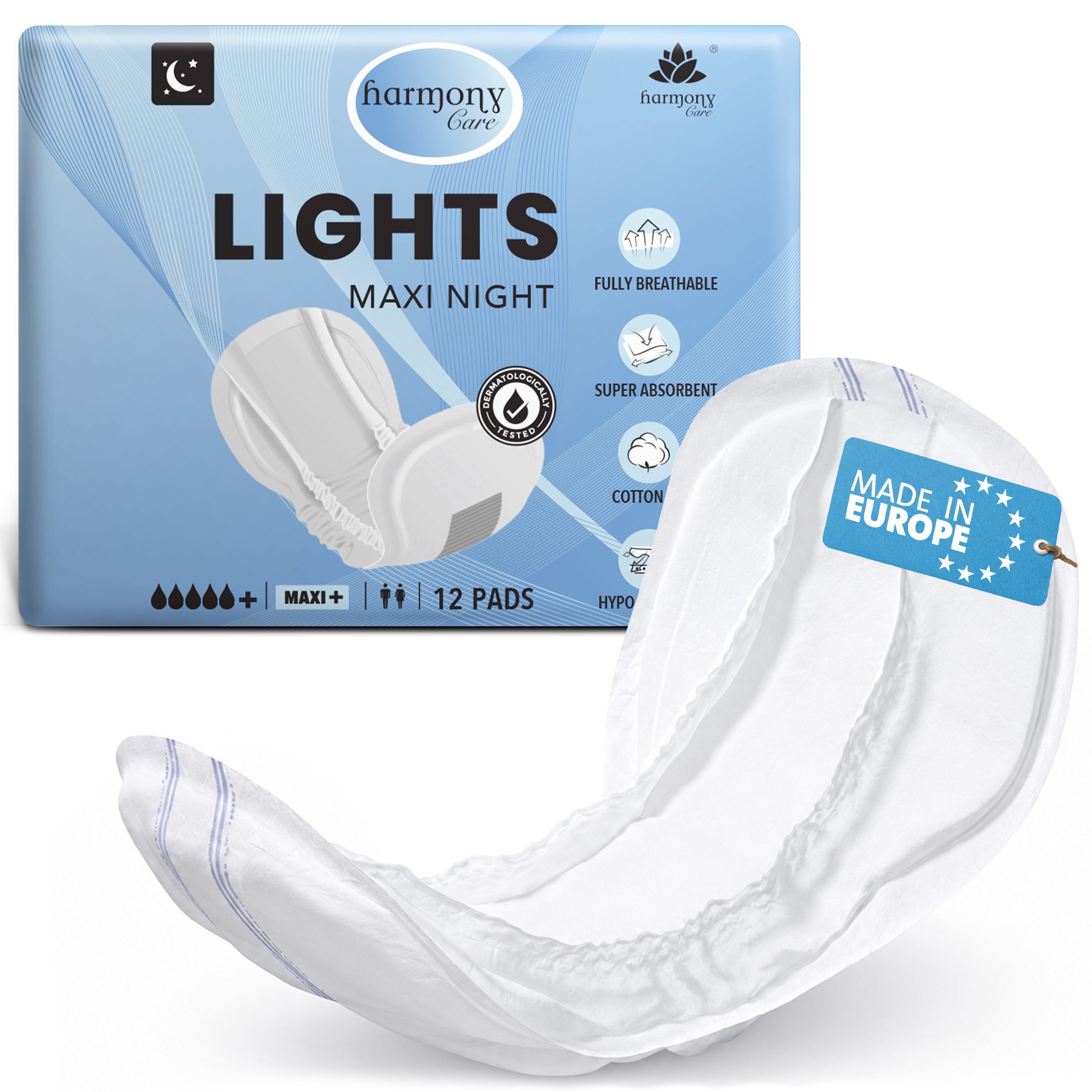 Harmony Care Inkontinenz-Einlage Lights Maxi Night – diskrete Unisex Inkontinenzeinlagen, bei leichter bis mittlerer Blasenschwäche, 12-St., mit Auslaufschutz und Geruchskontrolle