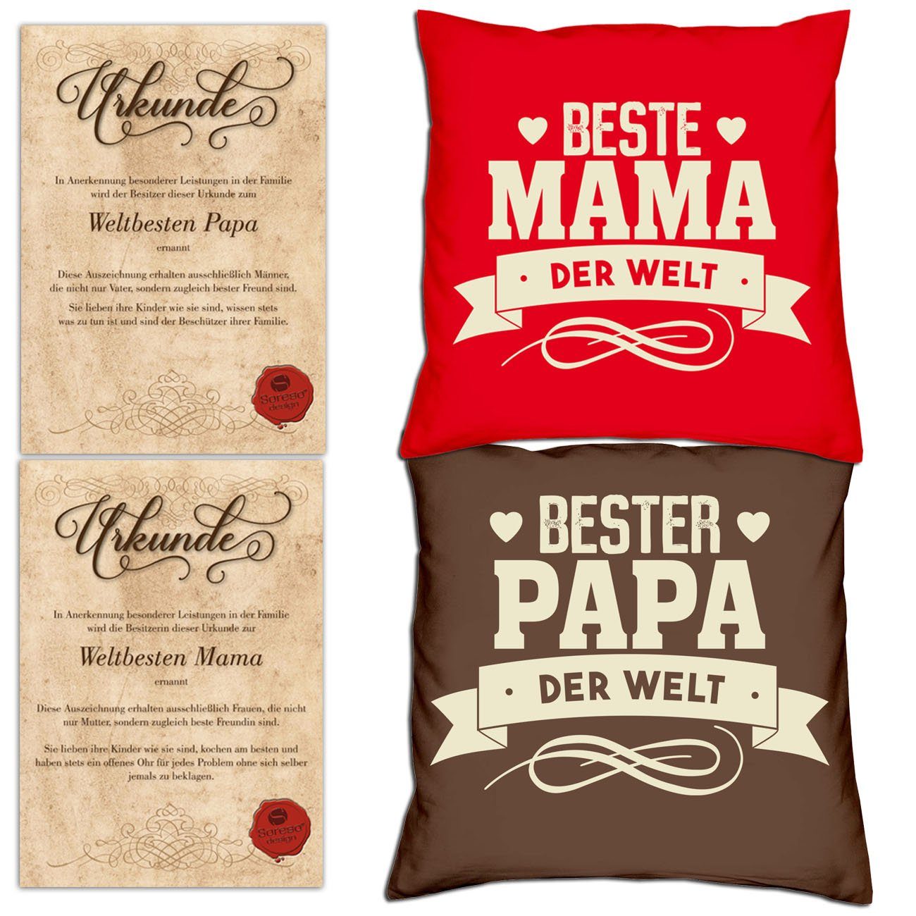 Soreso® Dekokissen Kissen-Set Bester Papa der Welt Beste Mama der Welt mit Urkunden, Weihnachtsgeschenk für Eltern rot