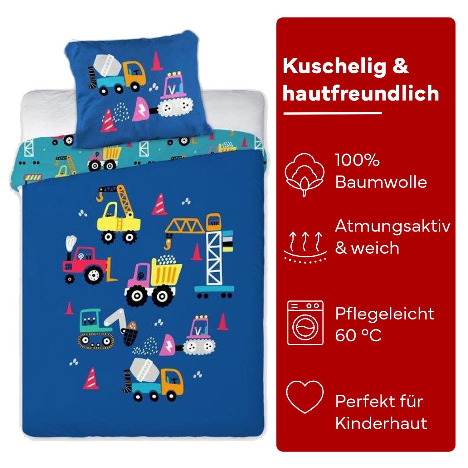 texpot Bettwäsche Kinderbettwäsche Fahrzeuge Baustelle bedruckt Garnitur, 2 teilig