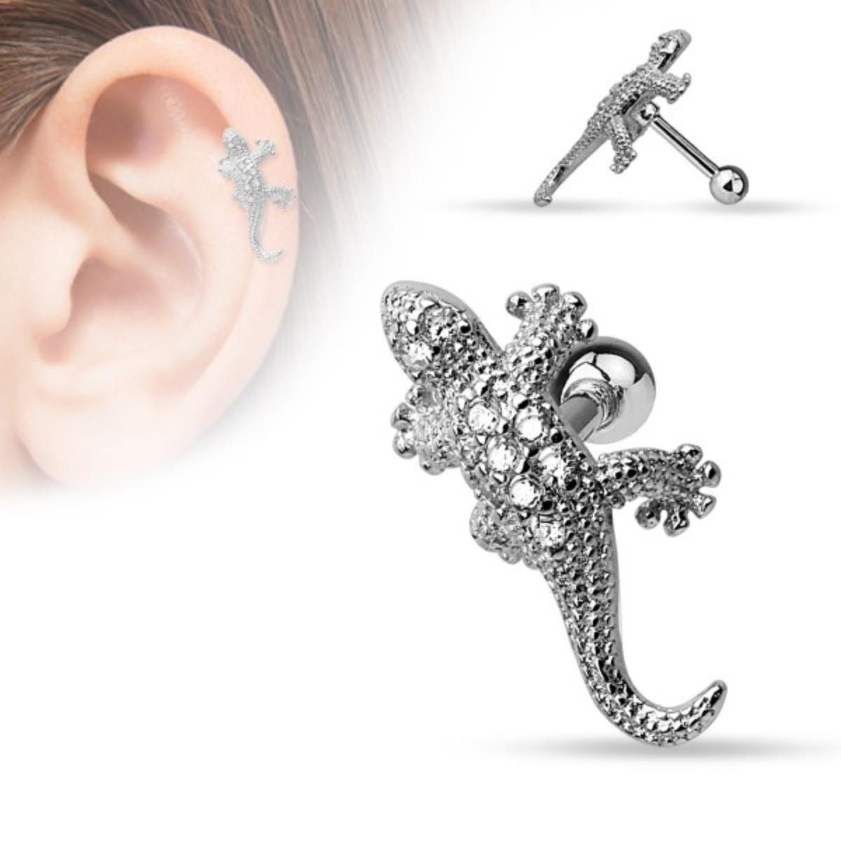 Order & Smile Schmuck Piercing-Set Tragus Helix Cartilage Ohrring „Eidechse / Gecko mit Zirkonia“