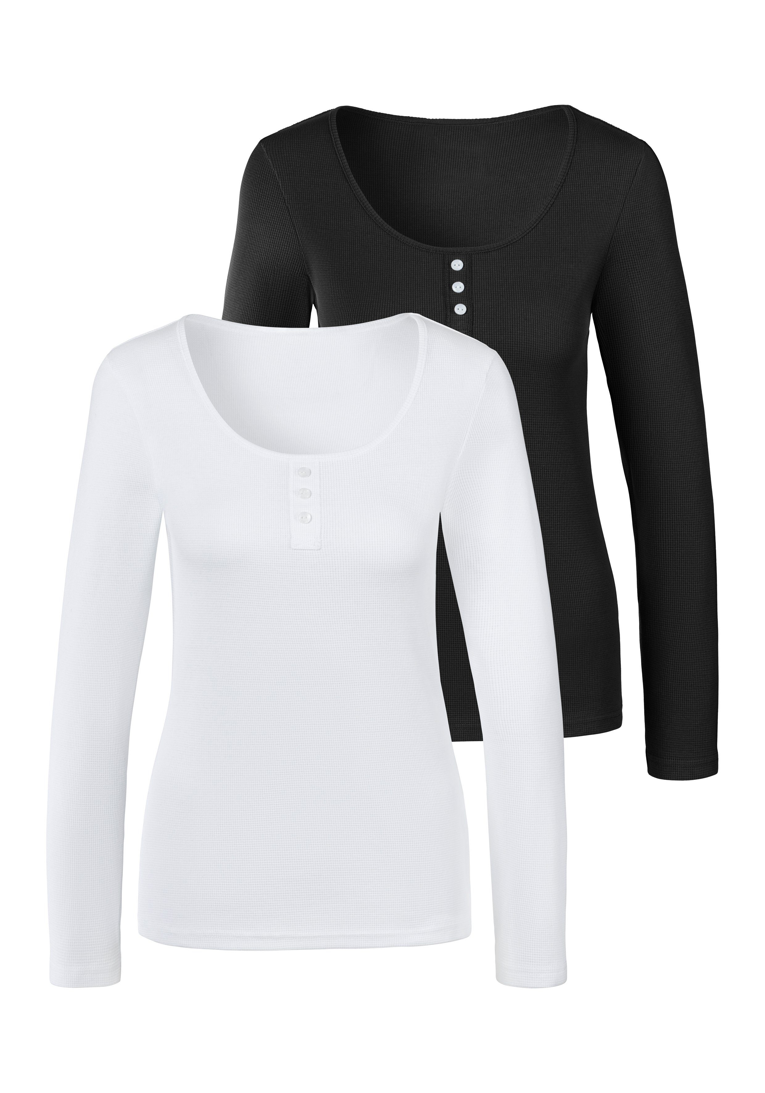 Bench. Langarmshirt (Packung, 2er-Pack) im Baumwoll-Piqué weiß, schwarz | Rundhalsshirts