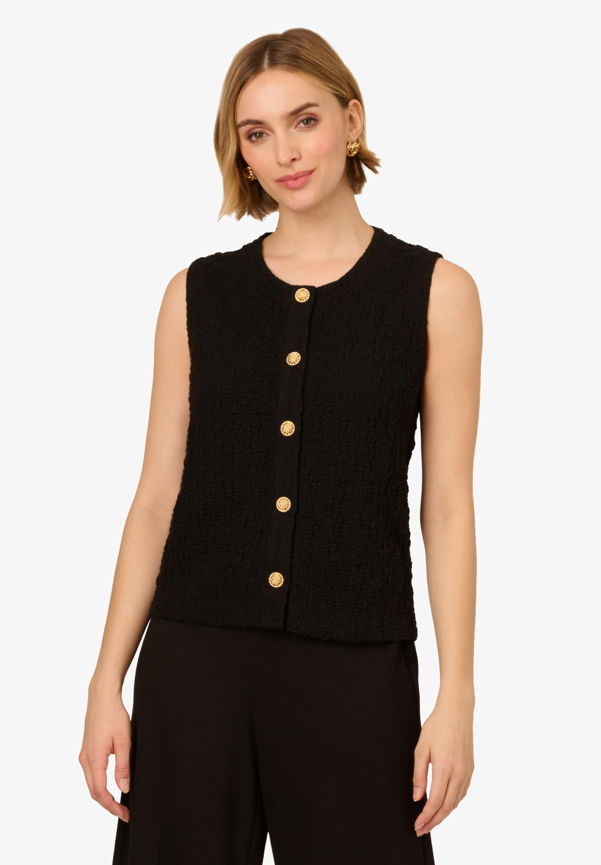 Adrianna Papell Stricktop Sleeveless Crew Neck Functional Button Front Woven Vest Ausgestellt, fließend, elegant