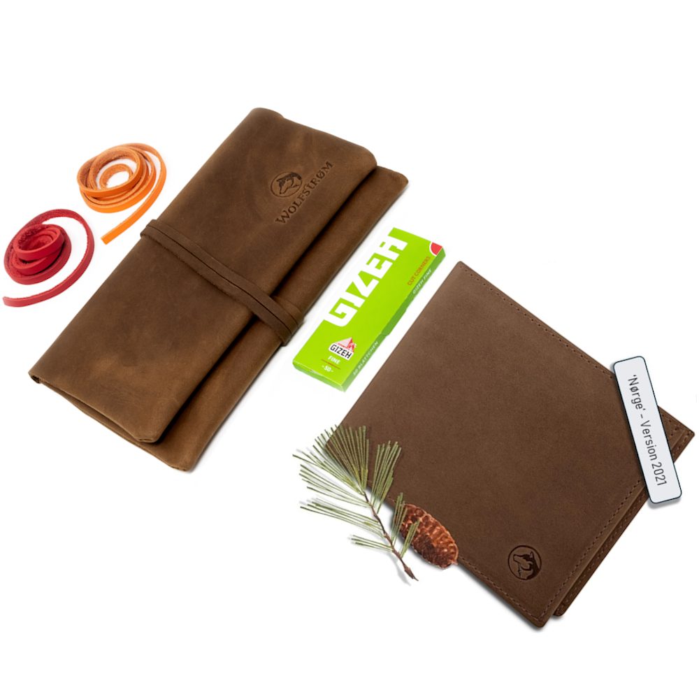Wolfstrøm Tabakbeutel 'Bjørk' – Tabaktasche Leder – Dreher-Tasche mit Blättchen-/ Filterfach (Bjørk Set, HANDMADE in EUROPE, inkl. GIZEH Papers, inkl. Bänder (rot/orange), inkl. Geldbörse 'Nørge Classic'