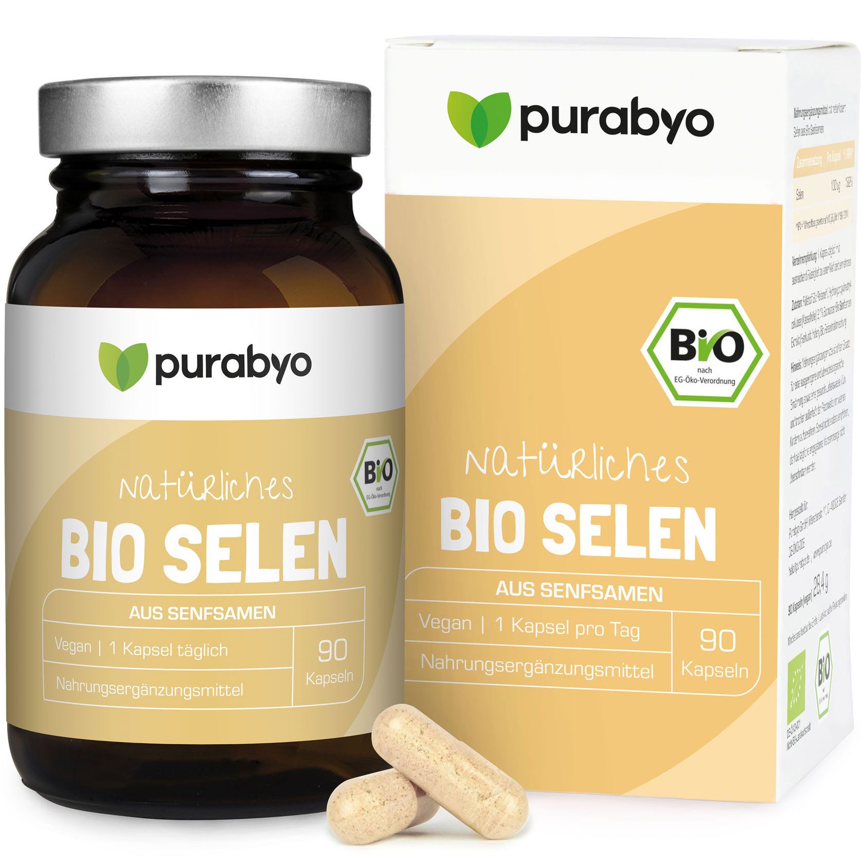 Purabyo BIO Selen Kapseln, 100 µg pro Kapsel, aus Bio Senfsamen, im Glas Kapseln, 1 er 90 St., 36 g