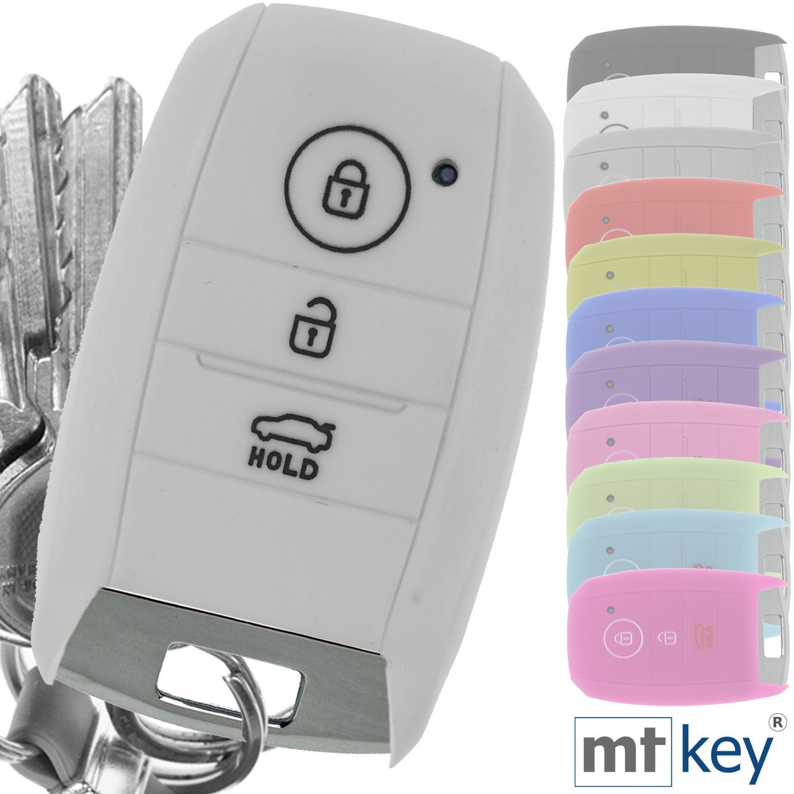 mt-key Schlüsseltasche Autoschlüssel Softcase Silikon Sportage Rio Soul Weiß Stonic KEYLESS Schlüsselband, KIA mit Tasten Ceed 3 für Picantio Schutzhülle