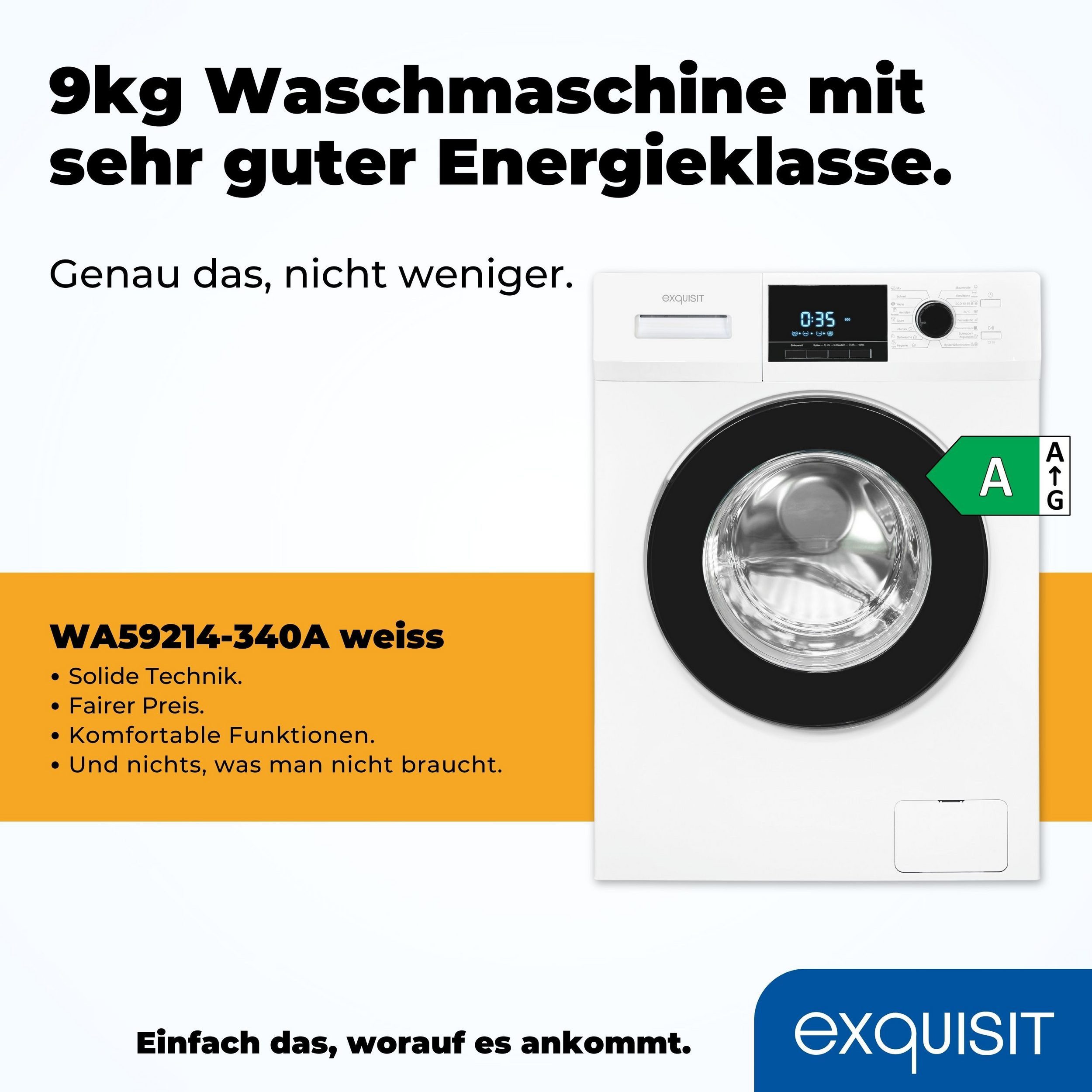 exquisit Waschmaschine WA59214-340A weiss, 9 kg, 1400 U/min, Knitterschutz, Startzeitvorwahl, Mengenautomatik