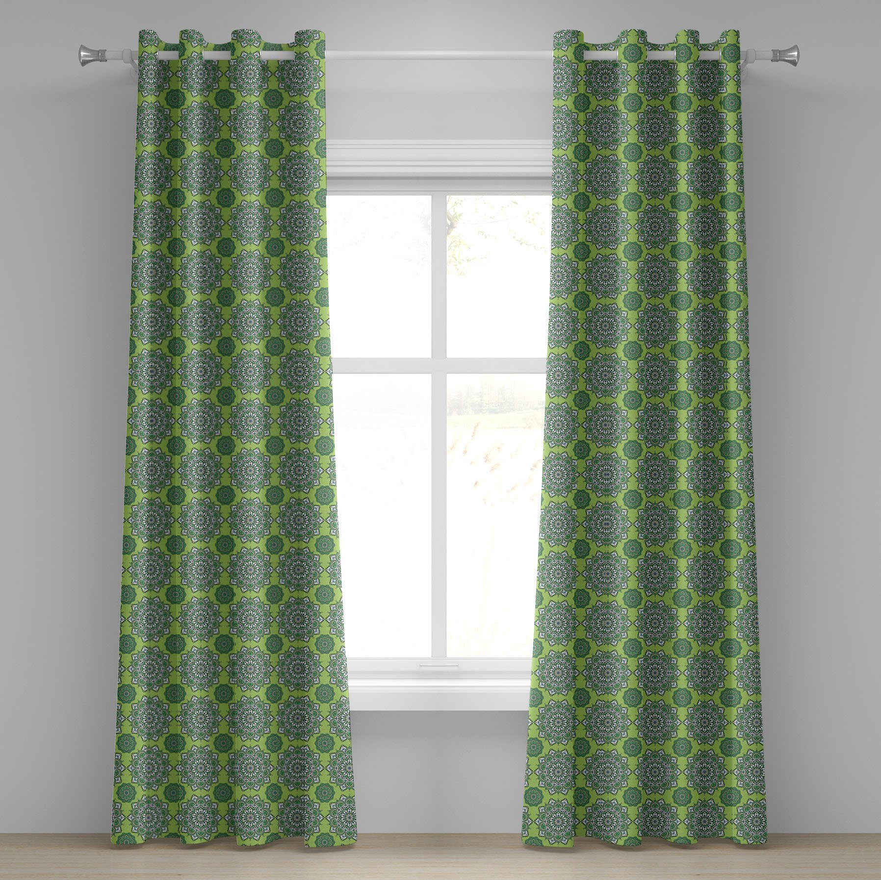 Gardine Dekorative 2-Panel-Fenstervorhänge für Schlafzimmer Wohnzimmer, Abakuhaus, Lime Green marokkanische Mandala