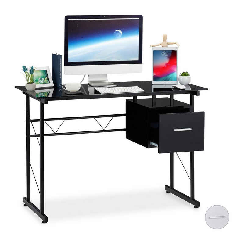 relaxdays Schreibtisch Schreibtisch Glas mit Schublade, Schwarz