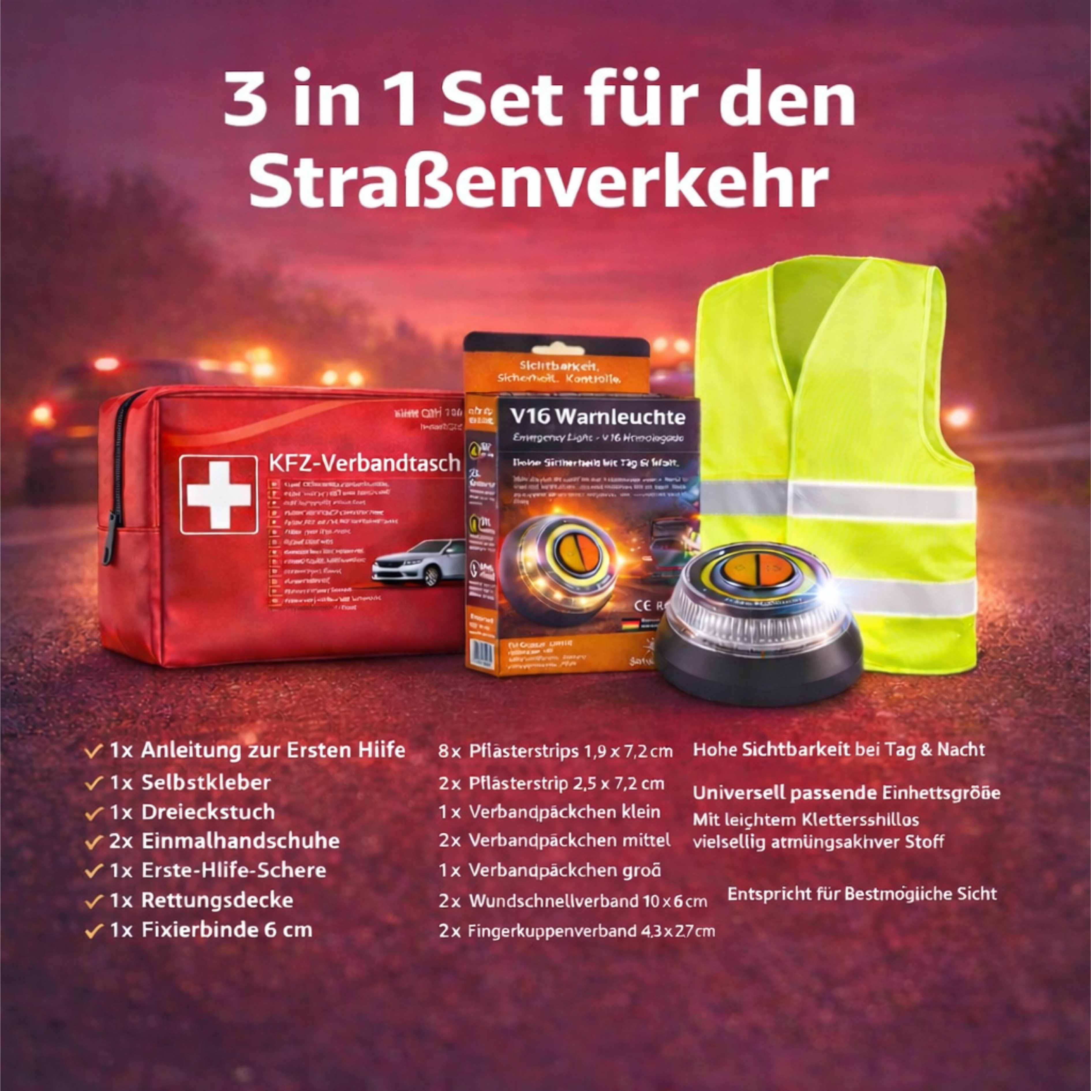 Safeglow Erste-Hilfe-Set 3 in 1 Set - Warnleuchte V16 IDIADA - Warnweste & Verbandskasten, (Set, 1 St)