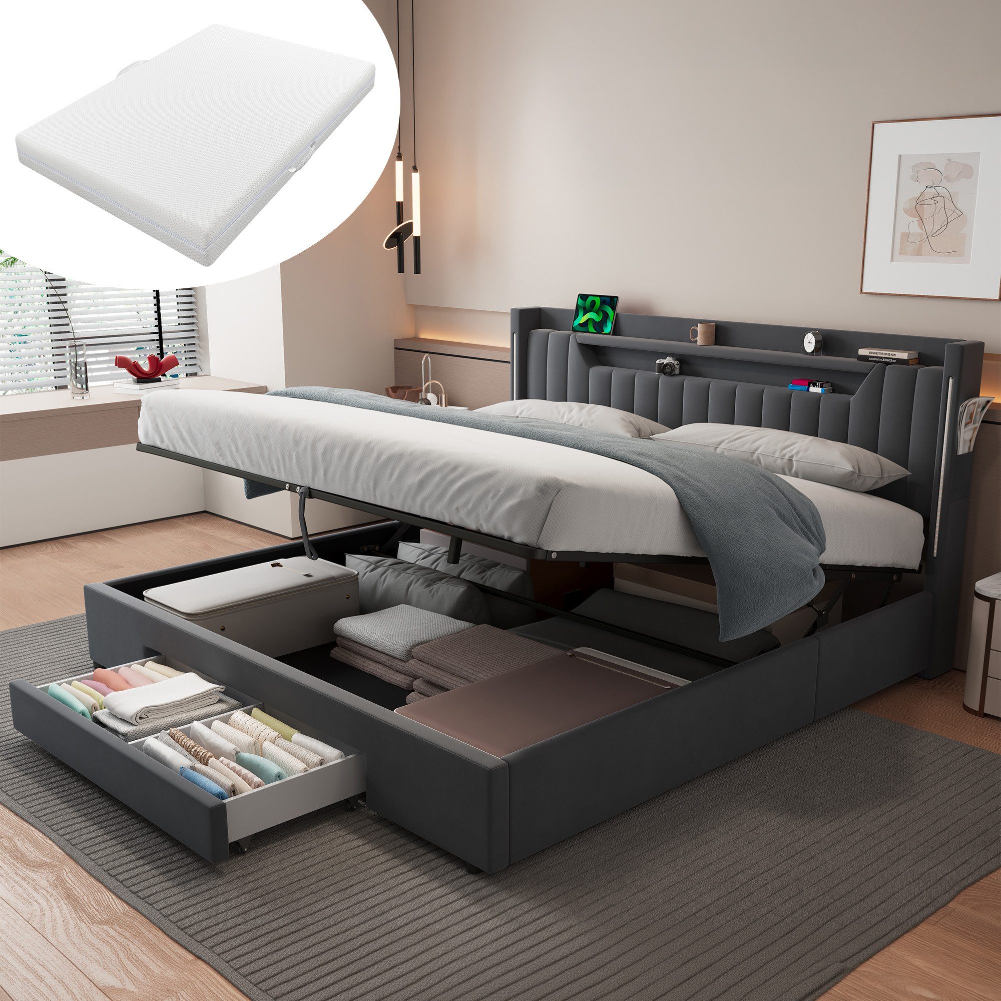 HAUSS SPOLE Polsterbett 180×200 Jugendbett mit Bettkasten,Samt Stauraumbett mit Matratze,Grau (Doppelbett mit Samtbezug,Komfortbett für Schlafzimmer, mit einer 20 cm dicken Matratze), Polsterbett Boxspringbett mit gepolstertem Kopfteil und Lattenrost