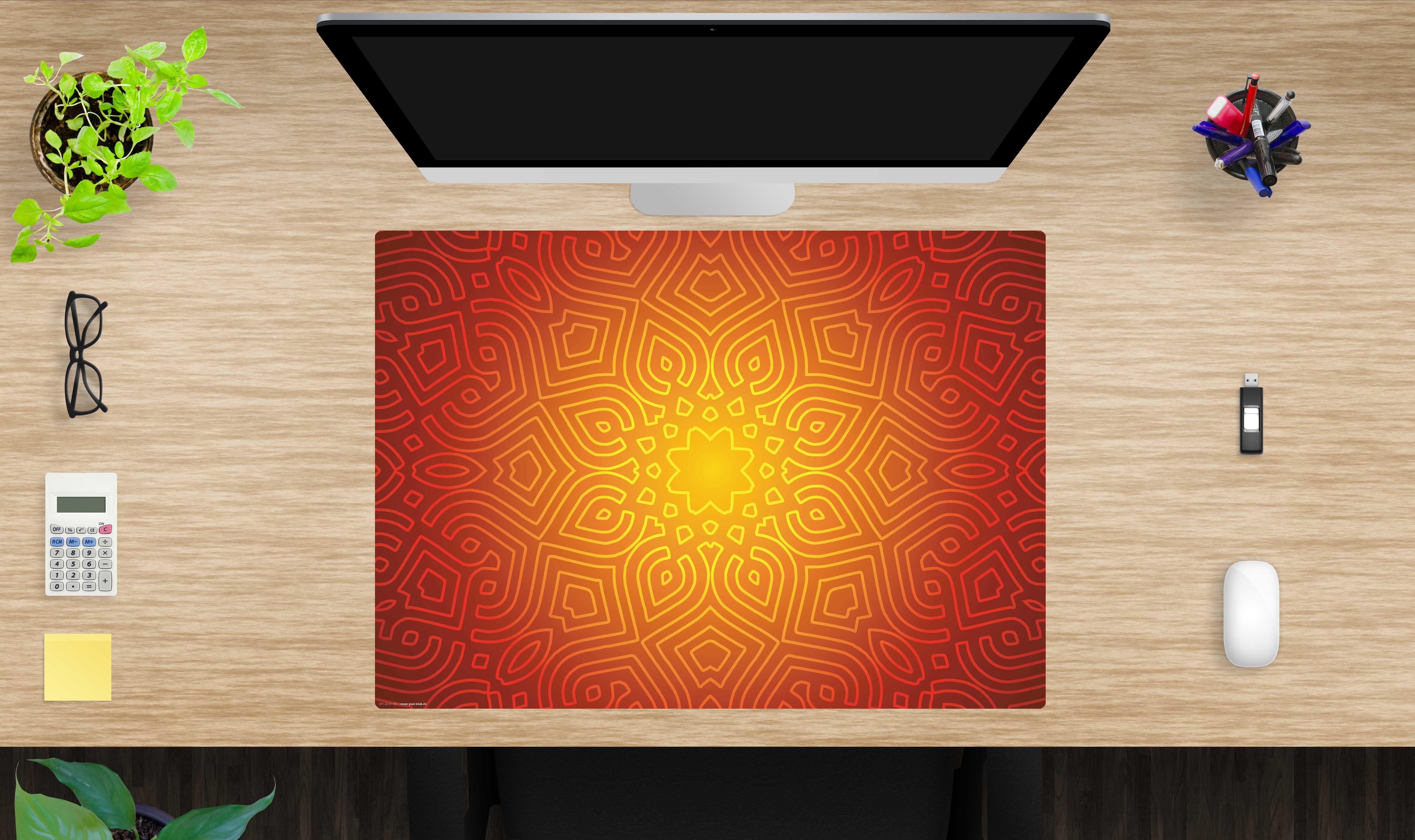 cover-your-desk.de Schreibtischunterlage abwaschbar - Mandala rot-gelb - aus premium Vinyl - Made in Germany, (1 tlg)