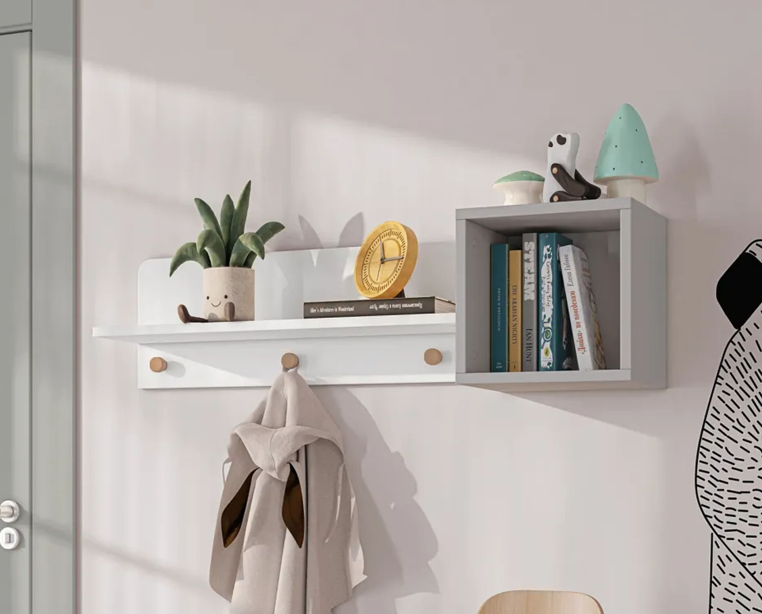 Möbel-Zeit Wandregal ZUZO mit Garderobe – Weiß/Grau – Inkl. 3 Haken & Ablagebord