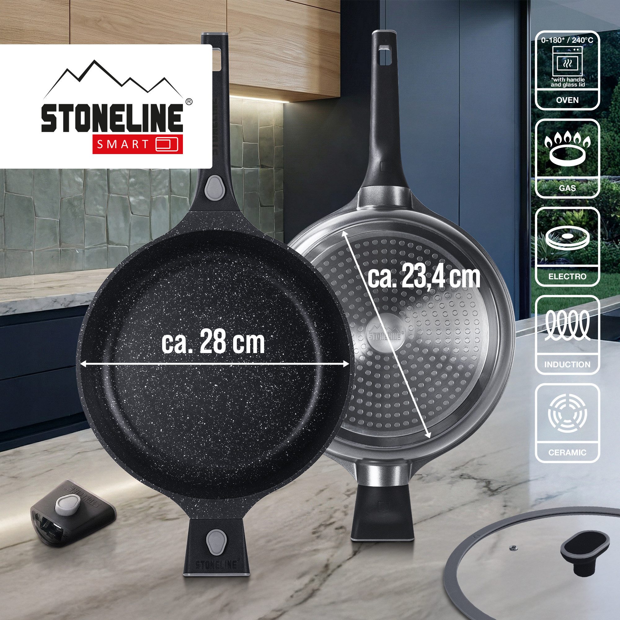 STONELINE Schmorpfanne 28cm, mit Glasdeckel, mit abnehmbaren Sicherheitsgriffen, Aluminiumguss (2-tlg), mit echten Steinpartikeln, induktionsgeeignet, Designed in Germany