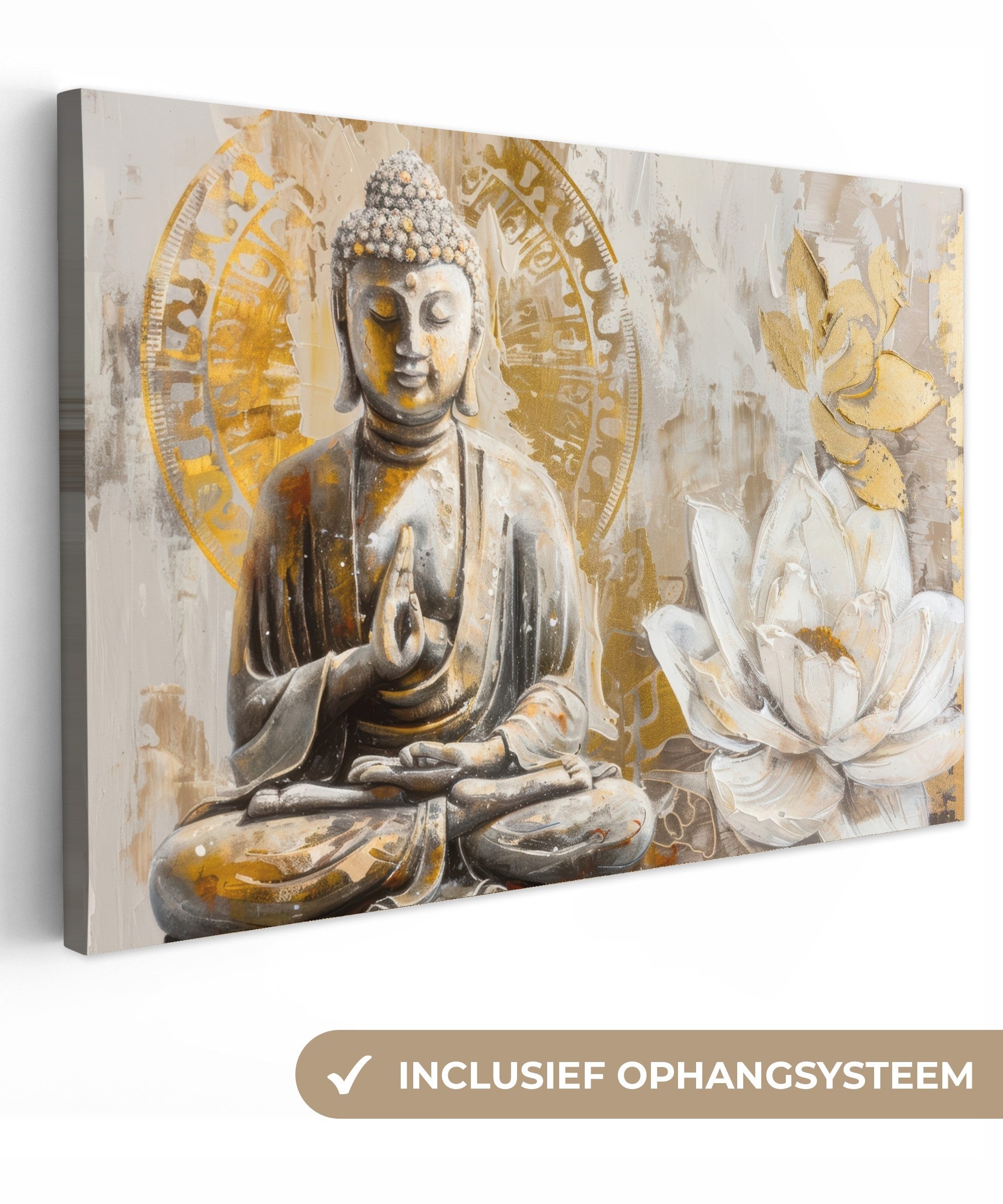 OneMillionCanvasses® Leinwandbild Buddha - Blume - Lotusblume - Weiß - Gold - Zen, Fotodruck (1 St), Leinwände Wanddeko Wohnzimmer Schlafzimmer 60x40 cm