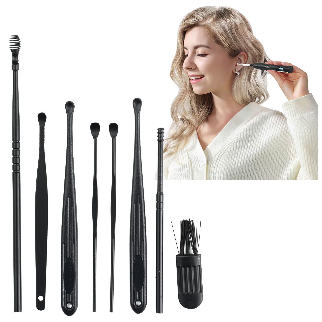 shop'n smile ideoon Elektrischer Ohrenreiniger Akku-Ohrreiniger mit 8MP Kamera, LED-Licht & Smartphone-Übertragung., 14-tlg., 14-tlg. Zubehör, Nutzungsdauer: 40 Minuten