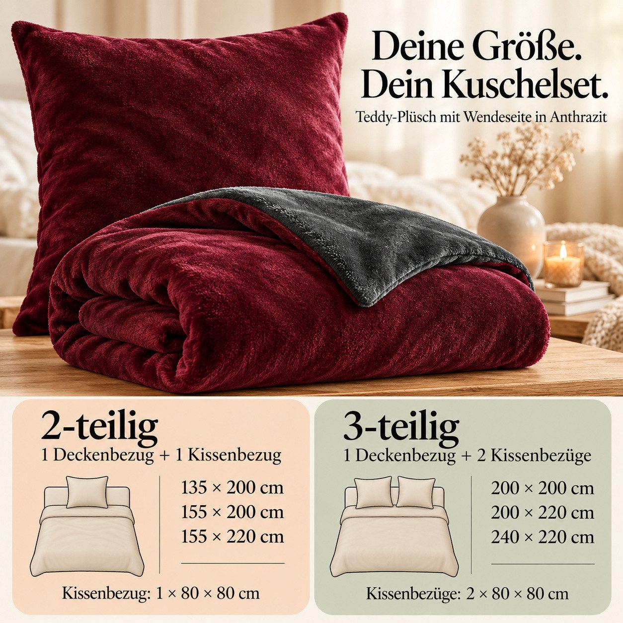 Leonado Vicenti Bettwäsche Winter Teddy Plüsch Cashmere Touch, Fleece, 2 teilig, flauschig warmes Nicky-Teddy-Plüsch, Einfarbig – Bild 4 von 5