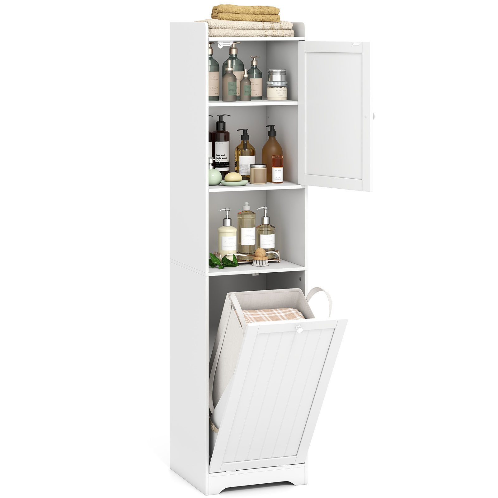COSTWAY Badkommode, Hochschrank mit Wäschekorb, Stauraum, 170cm