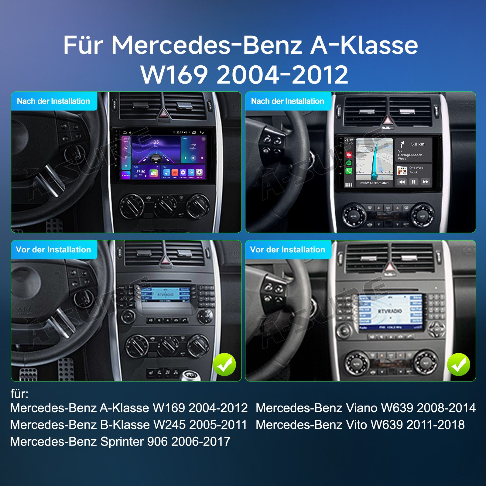 A-Sure Android 15 Carplay Für Mercedes-Benz A/B KlasseW169 W639 W245 W906 Autoradio (Digitalradio (DAB), FM, AM, 1280*800 IPS Screen)