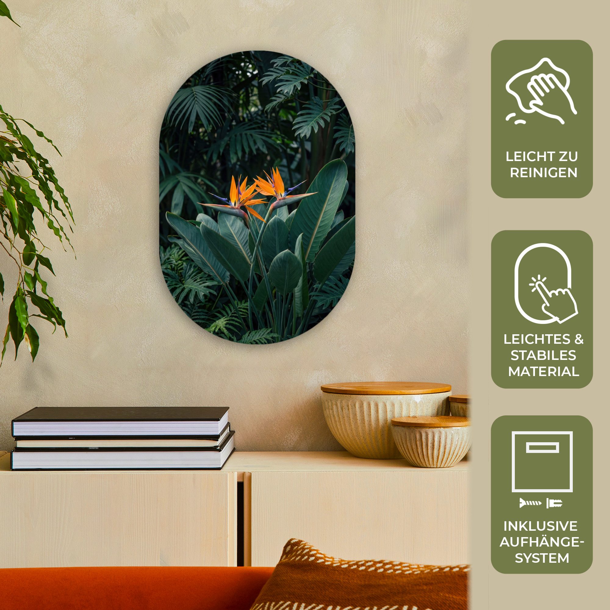 MuchoWow Gemälde Paradiesvogel - Blume - Exotisch, Fotodruck (1 St), Wandbild Oval, Wohnzimmer oder Schlafzimmer Wanddekoration, 40x60 cm