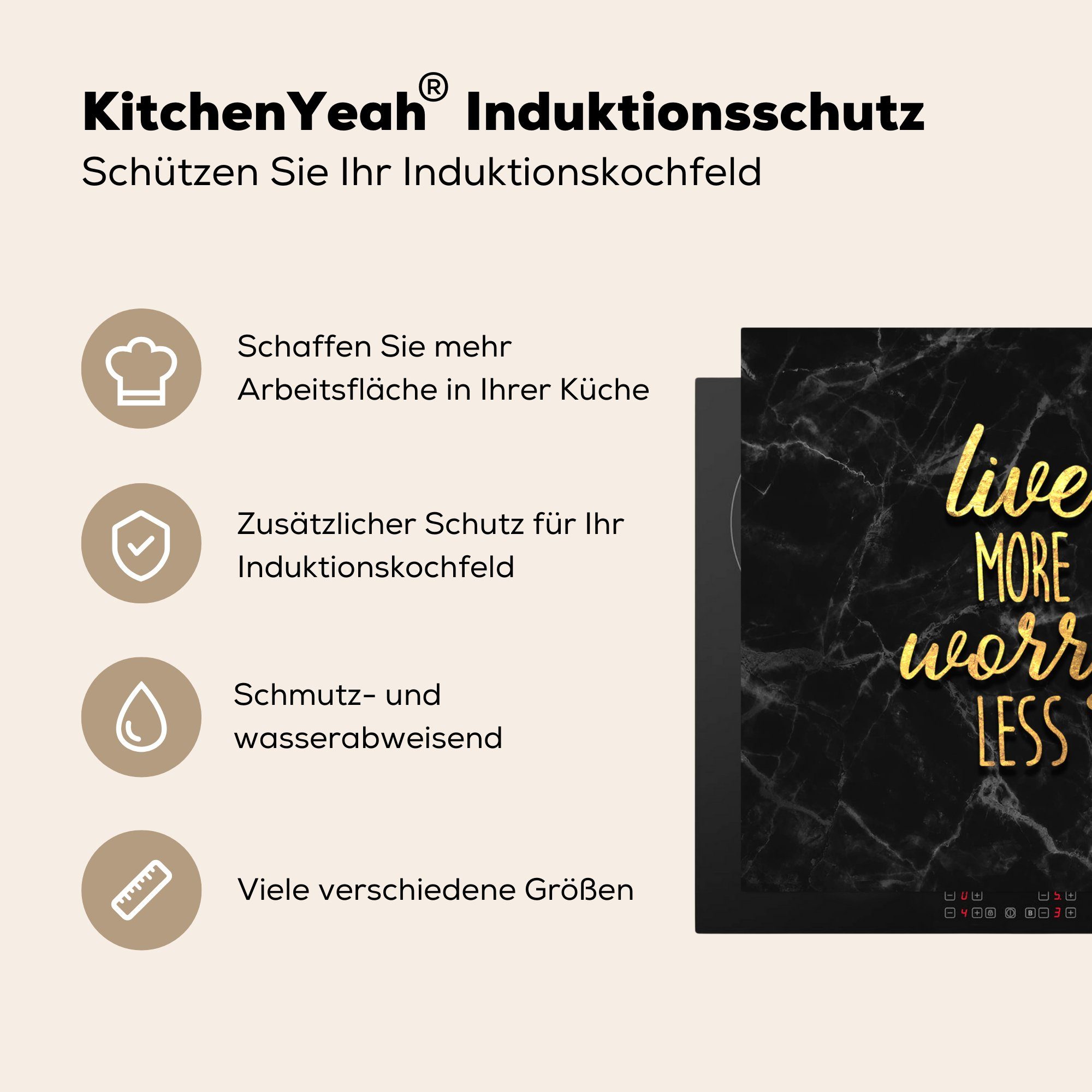 MuchoWow (1 - 78x78 cm, - Schwarz, Leben Gold tlg), Zitat Herdblende-/Abdeckplatte Arbeitsplatte küche - für Ceranfeldabdeckung, Vinyl,