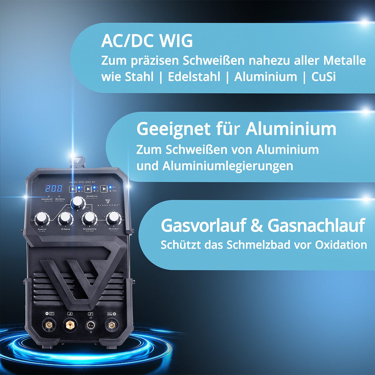 STAHLWERK Inverterschweißgerät AC/DC WIG 200 ST IGBT mit ARC MMA Vollausstattung, 30 - 200 A, Packung}, 13-tlg., Vollausstattung, Kombi-Schweißgerät mit 200 Ampere für WIG & ARC MMA