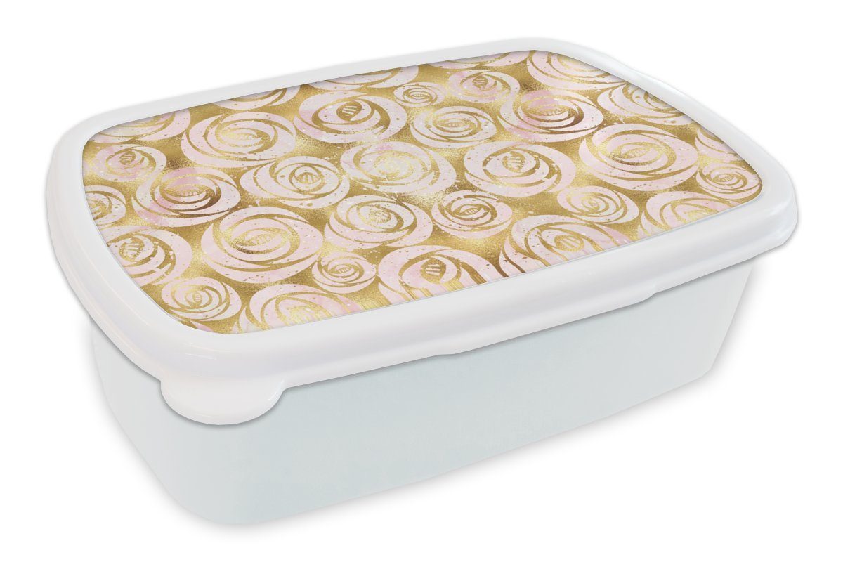 MuchoWow Lunchbox Marmor - Gold - Rosen - Muster, Kunststoff, (2-tlg), Brotbox für Kinder und Erwachsene, Brotdose, für Jungs und Mädchen weiß