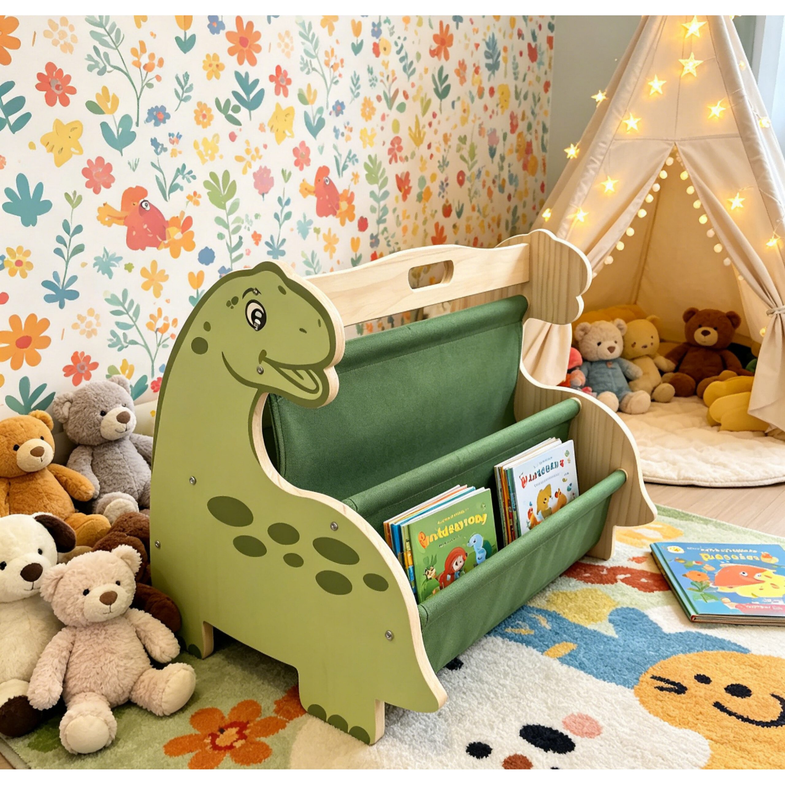 relaxdays Kinderregal Bücherregal Kinder 4 Stofffächer, Dino – Bild 5 von 5