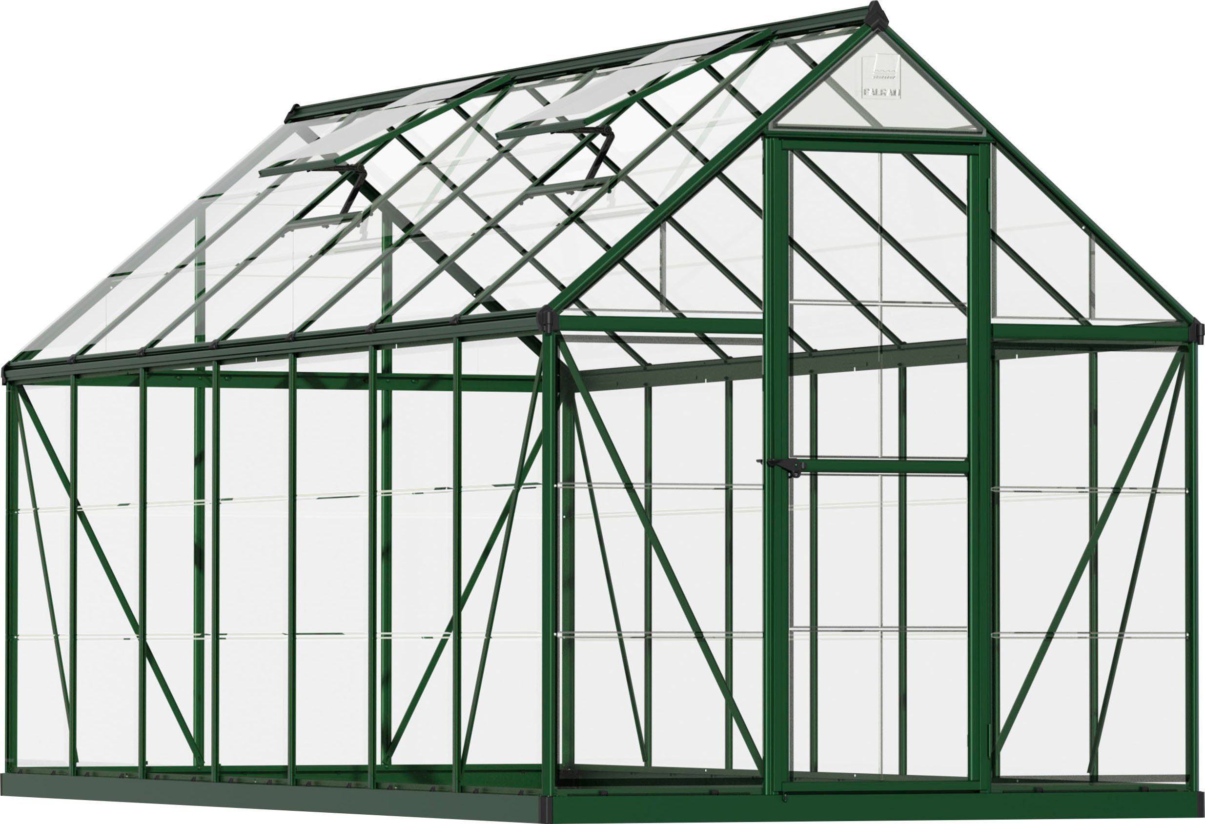 Palram - Canopia Gewächshaus Harmony, BxTxH: 185 x 424 x 208 cm, 0,7 mm Wandstärke, Set, inkl. Fundamentrahmen, mit klaren Polycarbonatplatten, grün